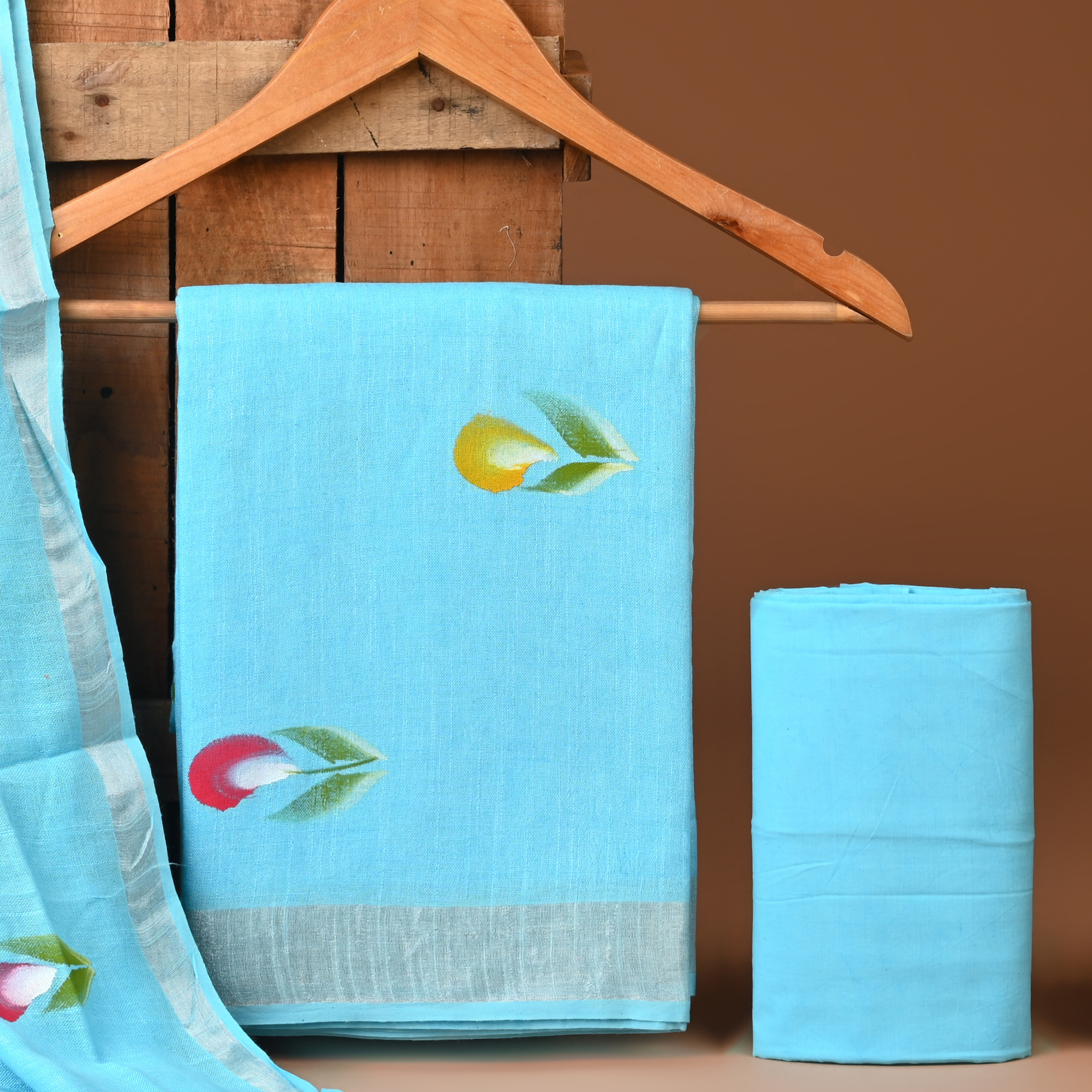 SKYBLUE- BAGRU HAND BLOCK PRINTED LINEN COTTON SUIT SET WITH ZARI BORDER 28