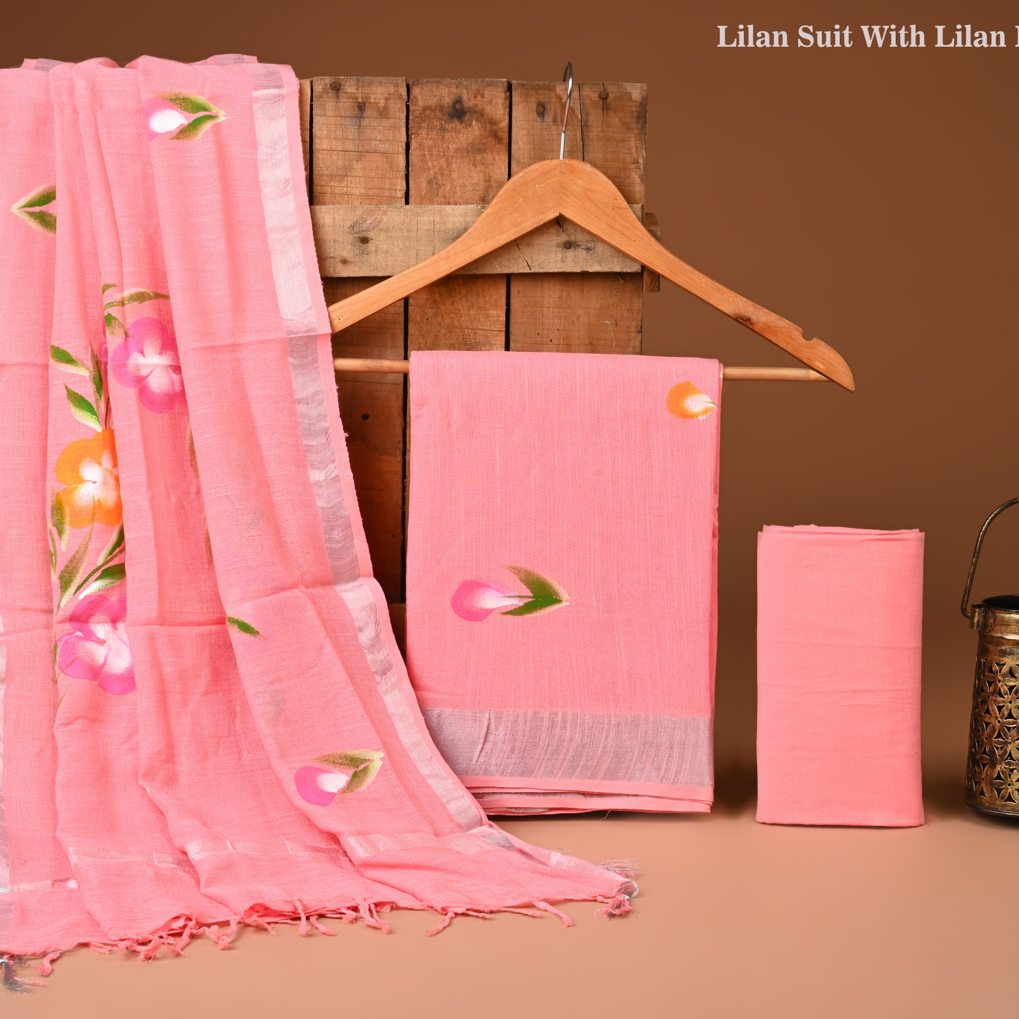 PINK- BAGRU HAND BLOCK PRINTED LINEN COTTON SUIT SET WITH ZARI BORDER 55