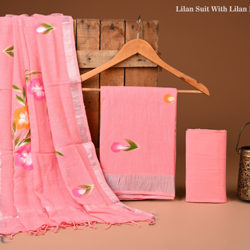 PINK- BAGRU HAND BLOCK PRINTED LINEN COTTON SUIT SET WITH ZARI BORDER 55
