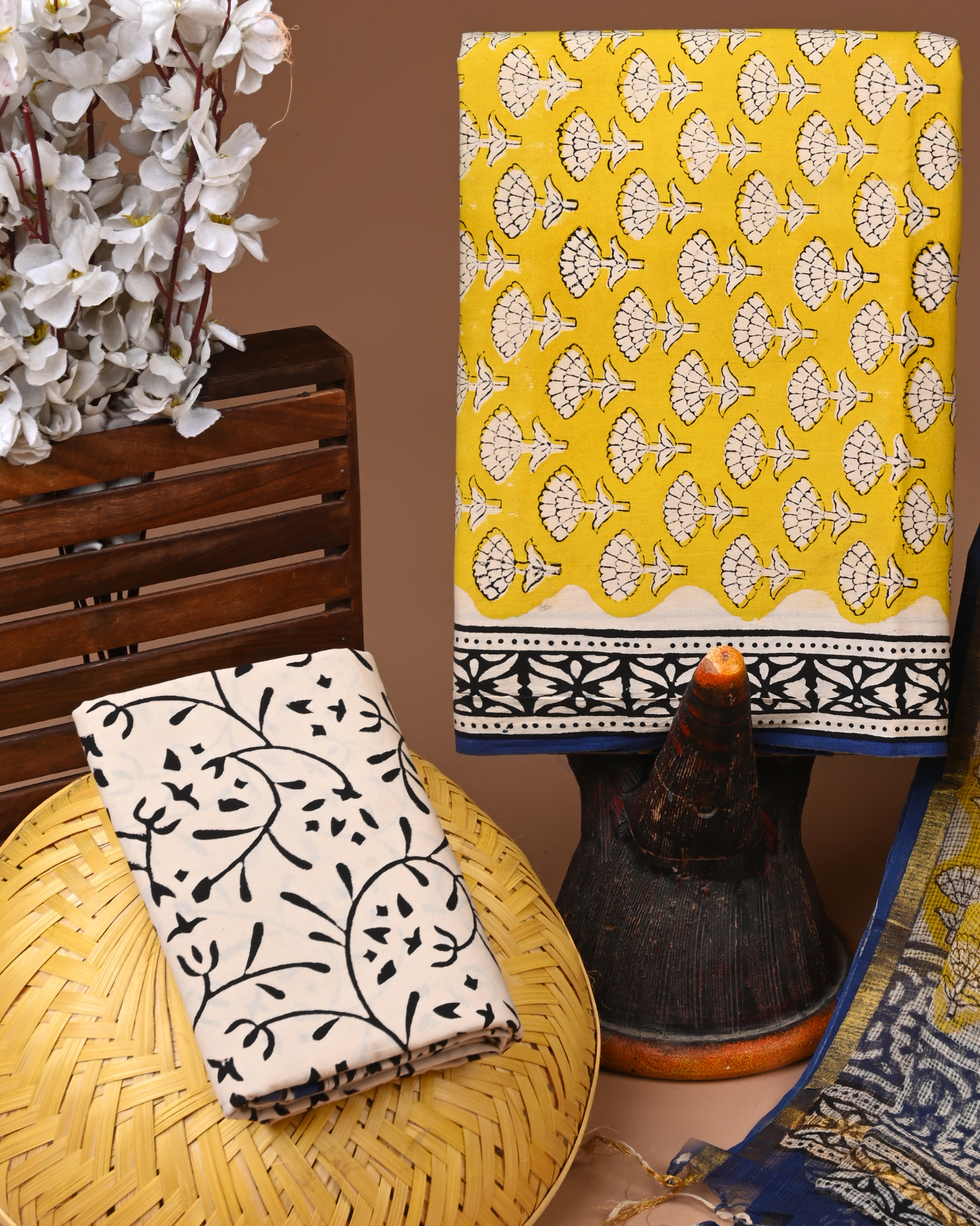 LEMON- BAGRU HAND BLOCK PRINTED COTTON SUIT SET WITH KOTA DUPATTA 14