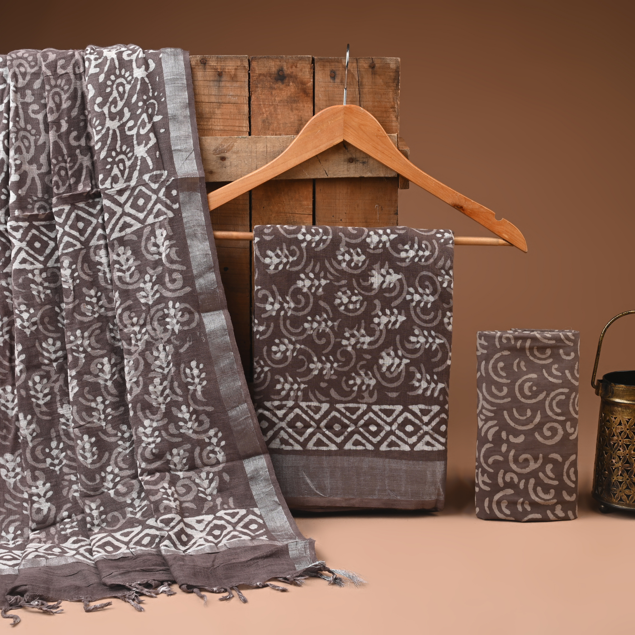 GRAY- BAGRU HAND BLOCK PRINTED LINEN COTTON SUIT SET WITH ZARI BORDER 43