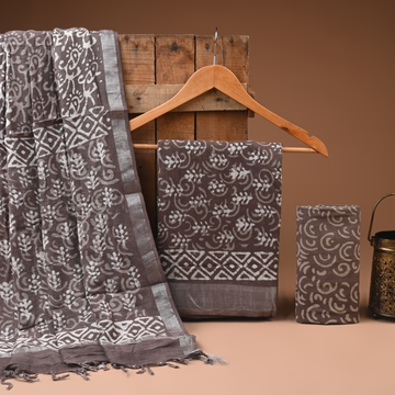 GRAY- BAGRU HAND BLOCK PRINTED LINEN COTTON SUIT SET WITH ZARI BORDER 43