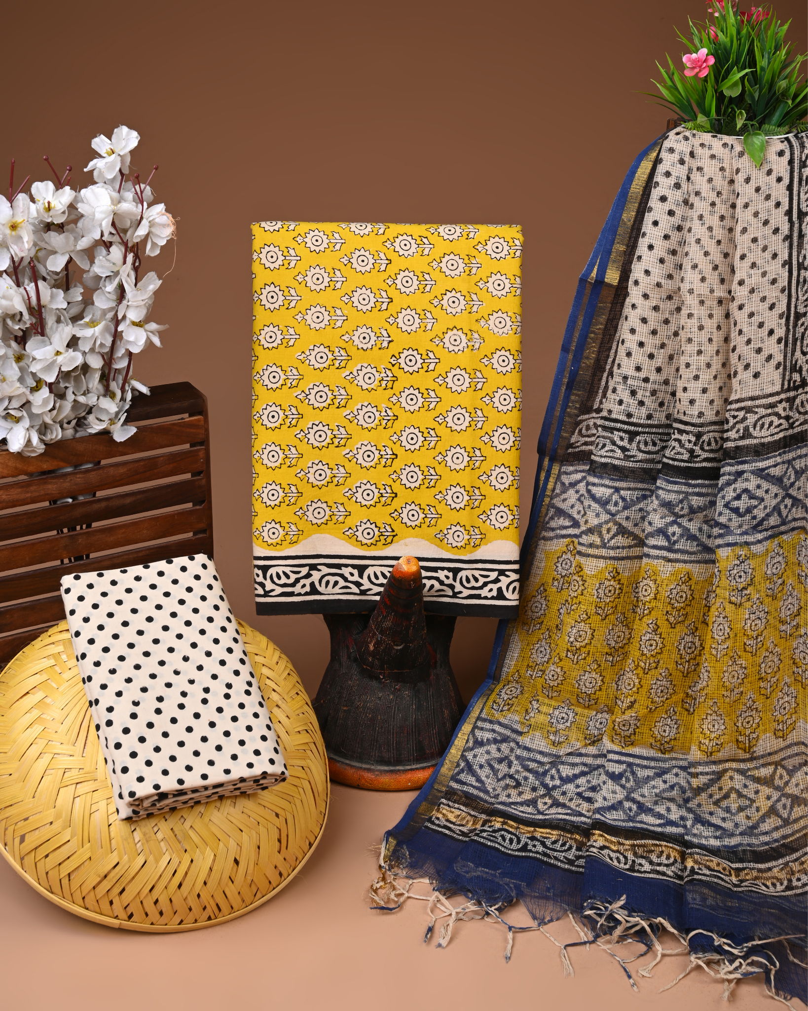 YELLOW- BAGRU HAND BLOCK PRINTED COTTON SUIT SET WITH KOTA DUPATTA 25