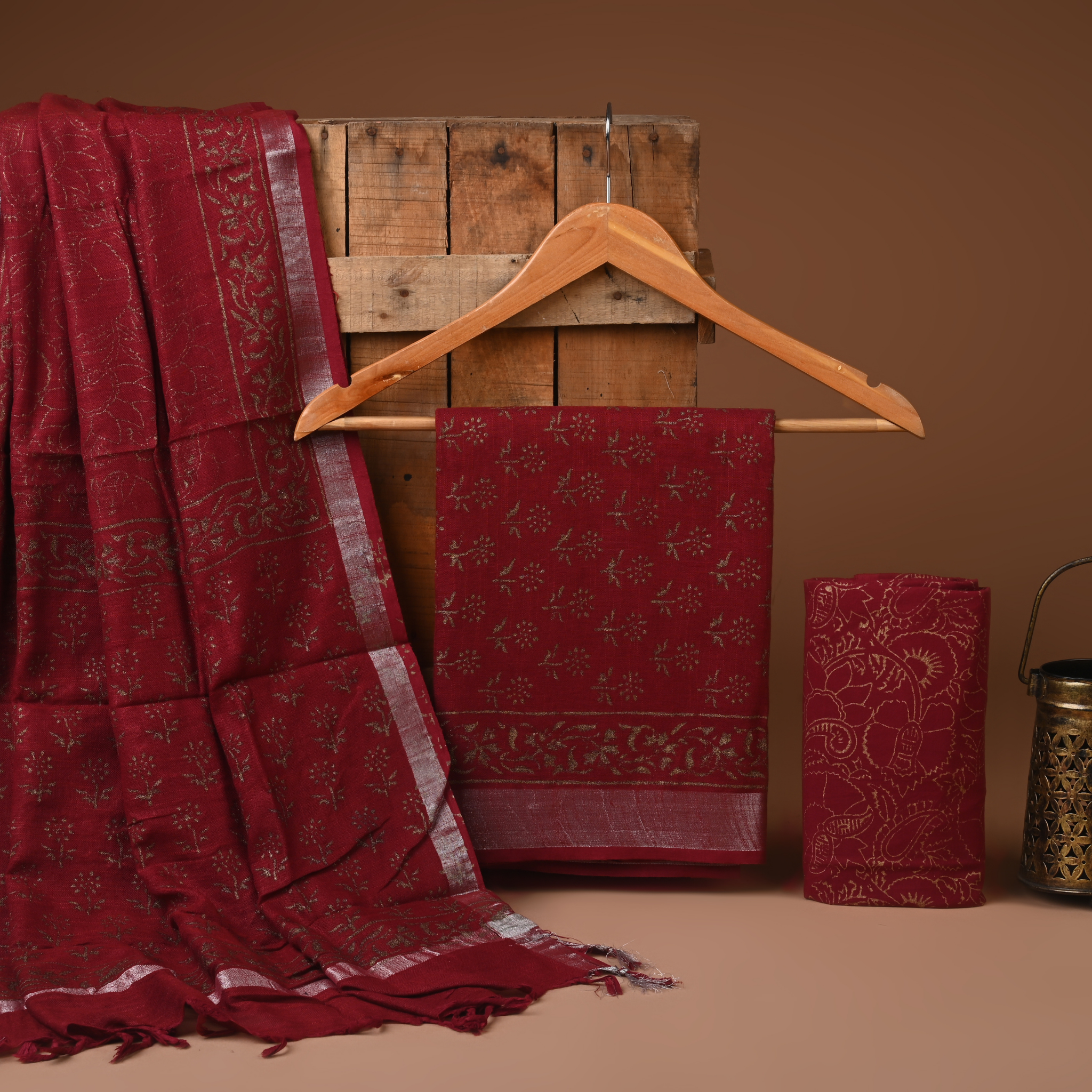 BROWN- BAGRU HAND BLOCK PRINTED LINEN COTTON SUIT SET WITH ZARI BORDER 49