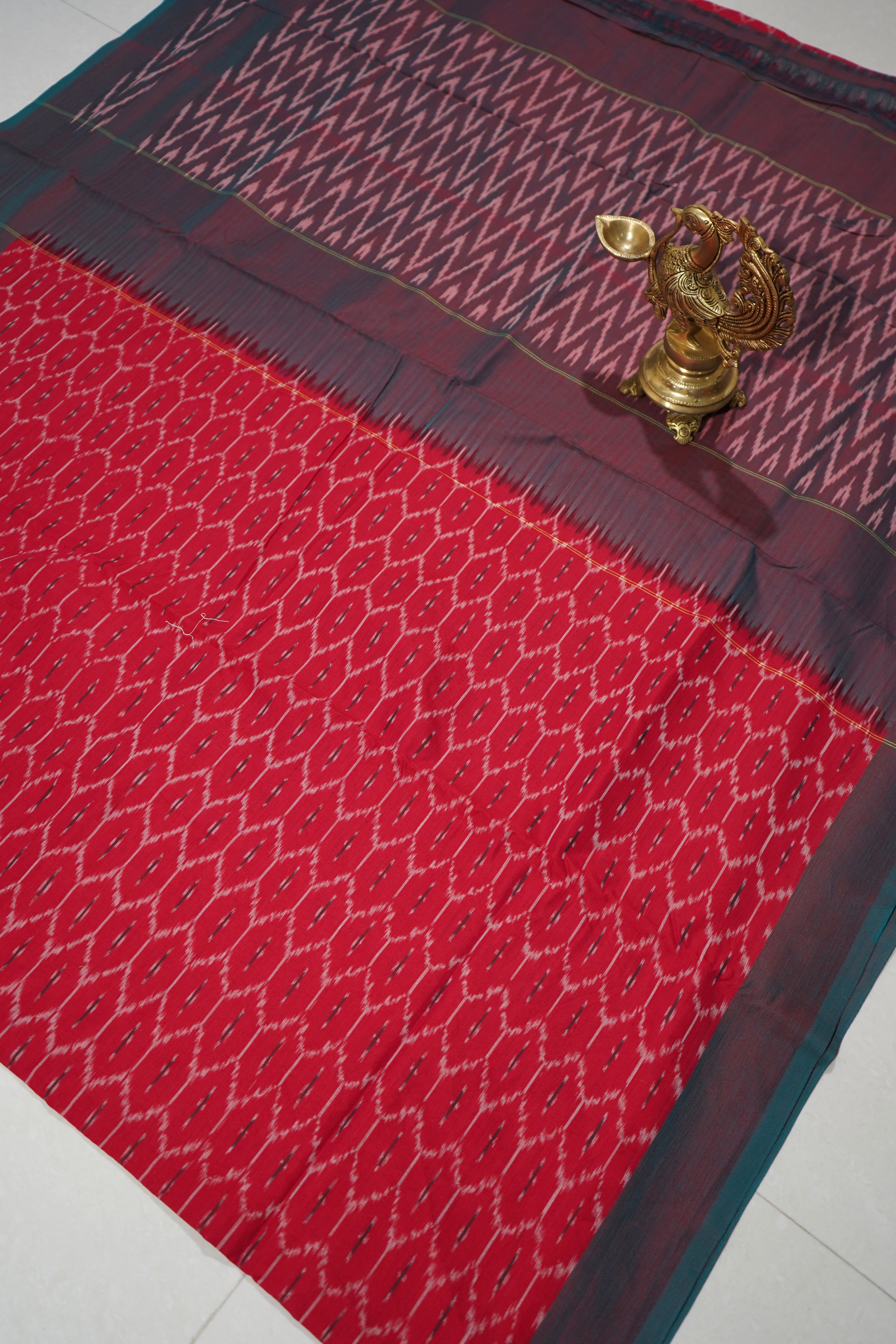 Red - MERCERISED COTTON HANDLOOM POCHAMPALLY IKAT SAREE 10