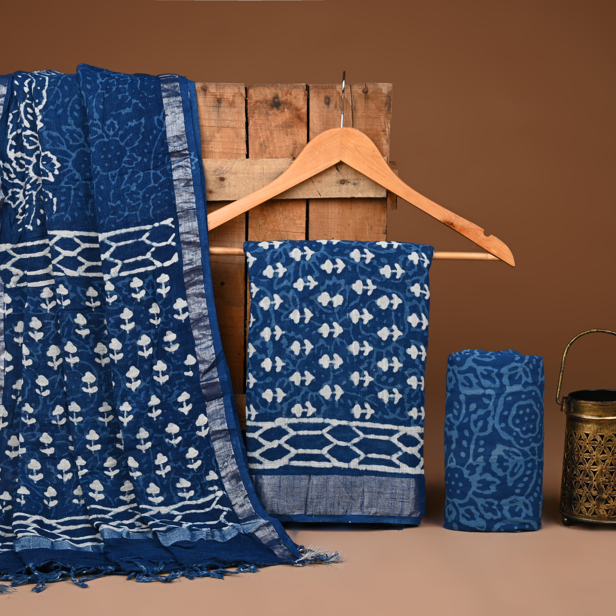 BLUE- BAGRU HAND BLOCK PRINTED LINEN COTTON SUIT SET WITH ZARI BORDER 41