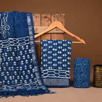 BLUE- BAGRU HAND BLOCK PRINTED LINEN COTTON SUIT SET WITH ZARI BORDER 41