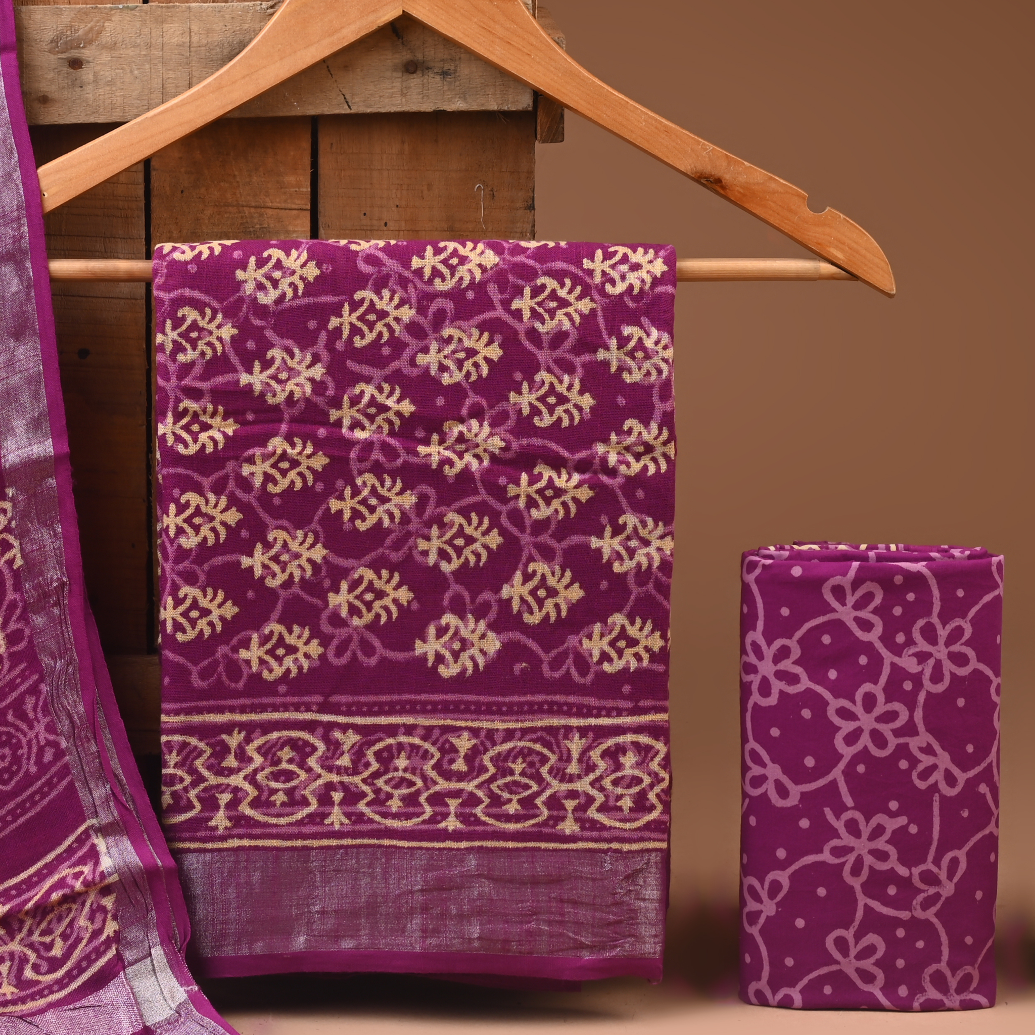 PURPLE- BAGRU HAND BLOCK PRINTED LINEN COTTON SUIT SET WITH ZARI BORDER 31