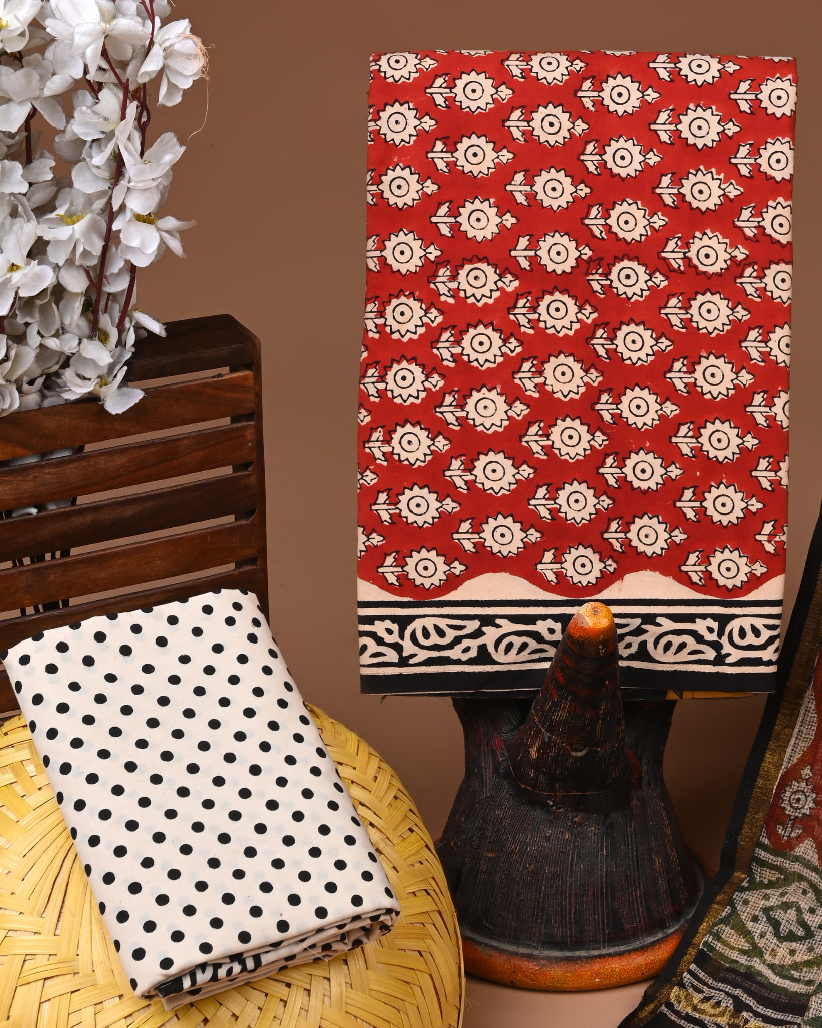 RED- BAGRU HAND BLOCK PRINTED COTTON SUIT SET WITH KOTA DUPATTA 04