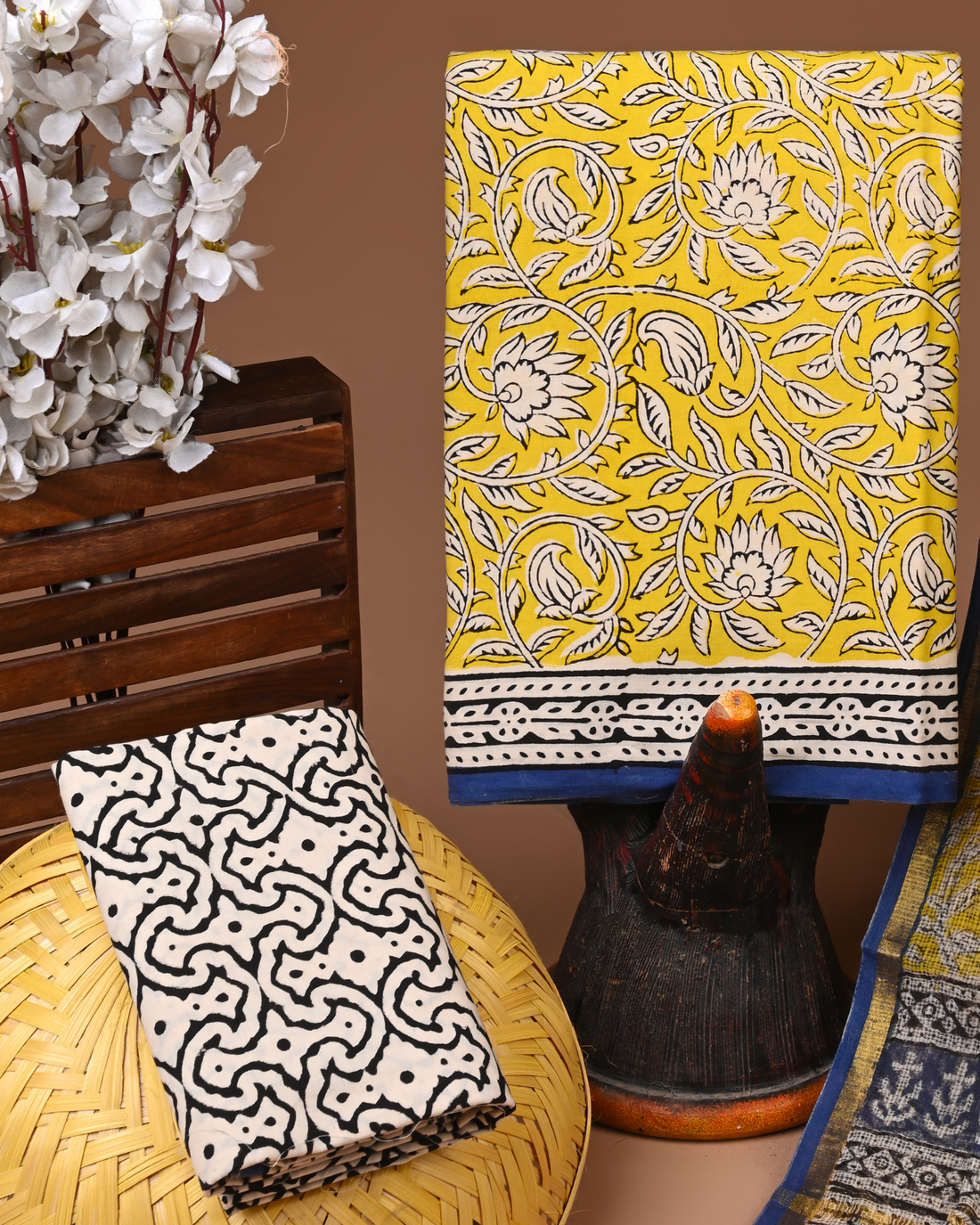 YELLOW- BAGRU HAND BLOCK PRINTED COTTON SUIT SET WITH KOTA DUPATTA 15