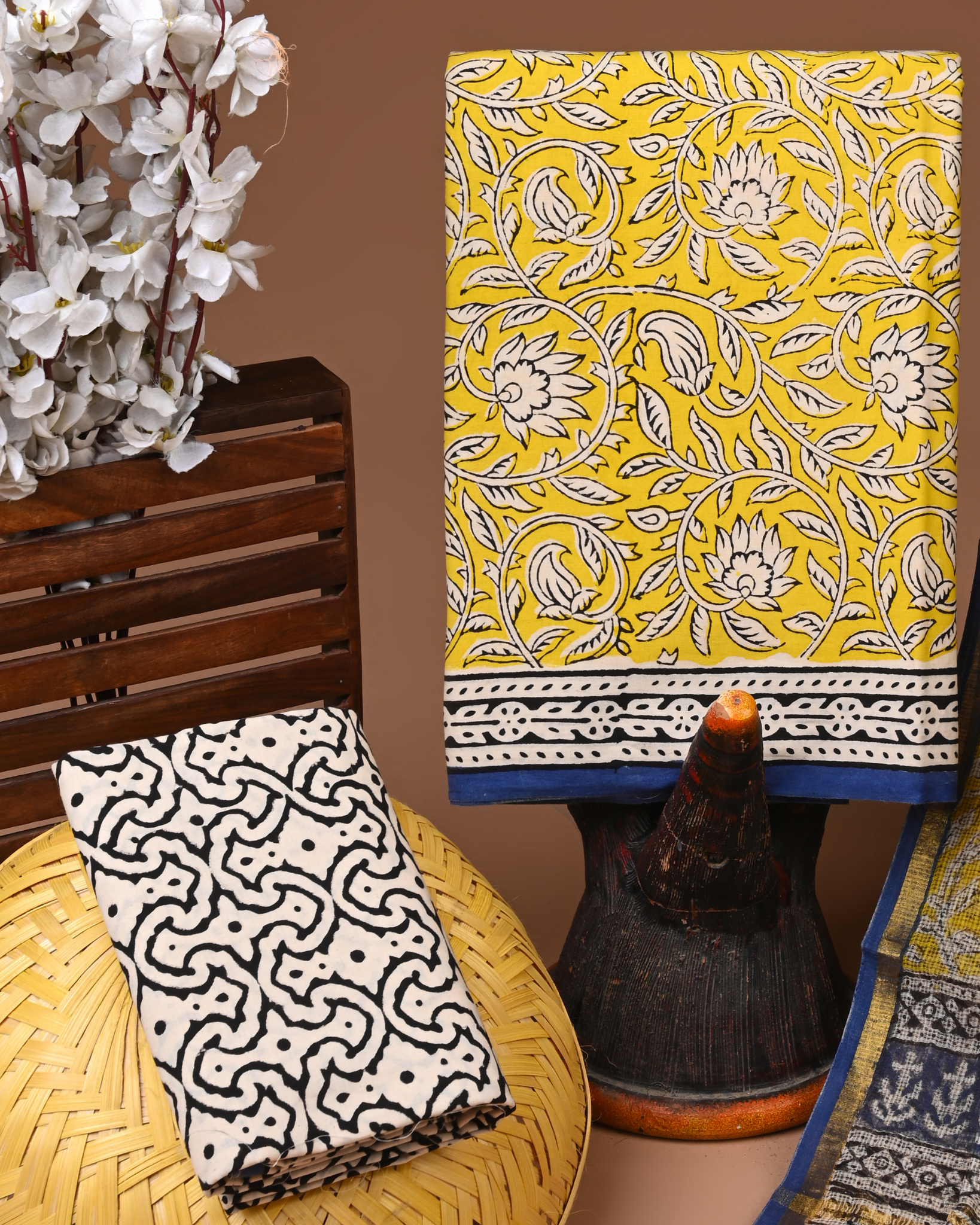 YELLOW- BAGRU HAND BLOCK PRINTED COTTON SUIT SET WITH KOTA DUPATTA 15