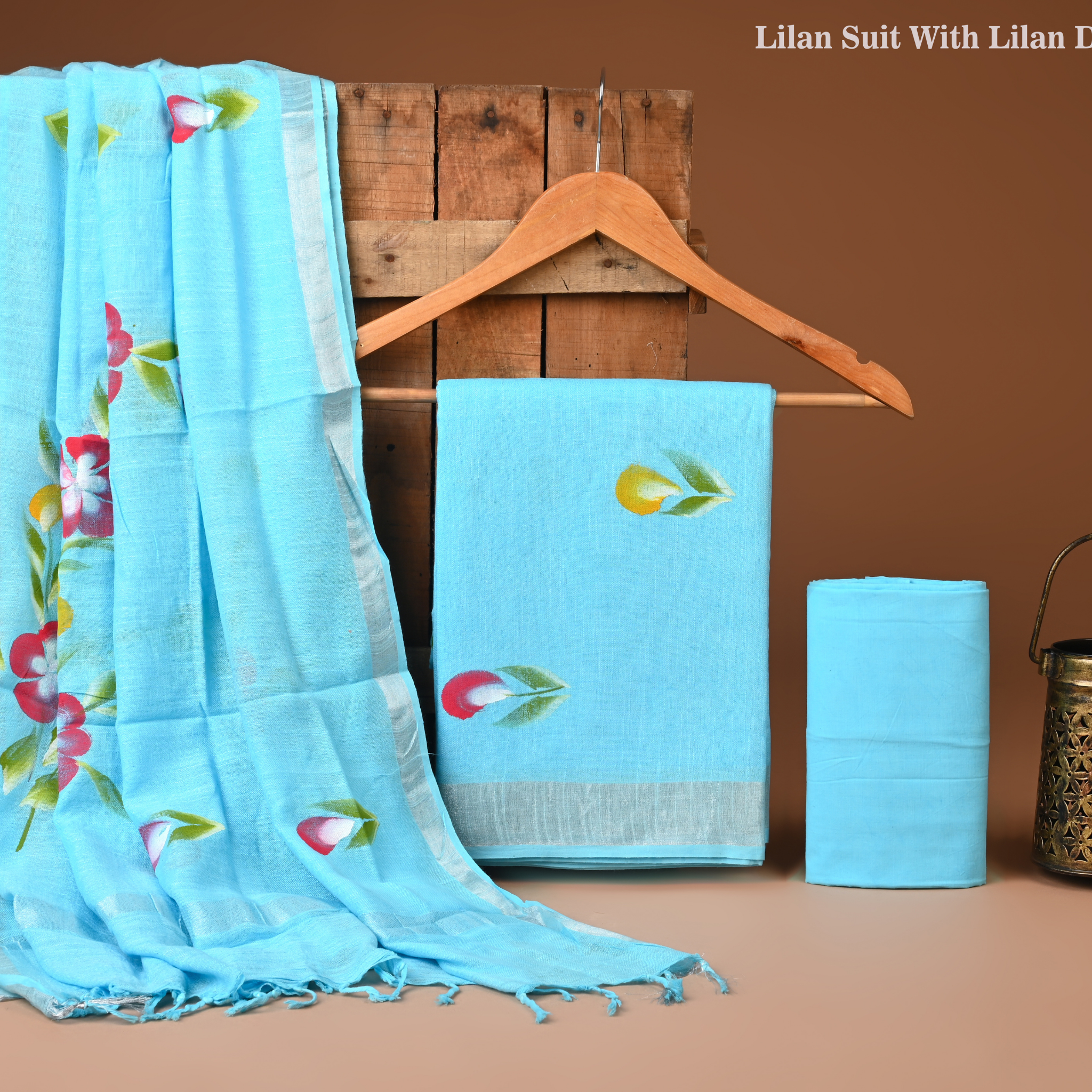 SKYBLUE- BAGRU HAND BLOCK PRINTED LINEN COTTON SUIT SET WITH ZARI BORDER 28