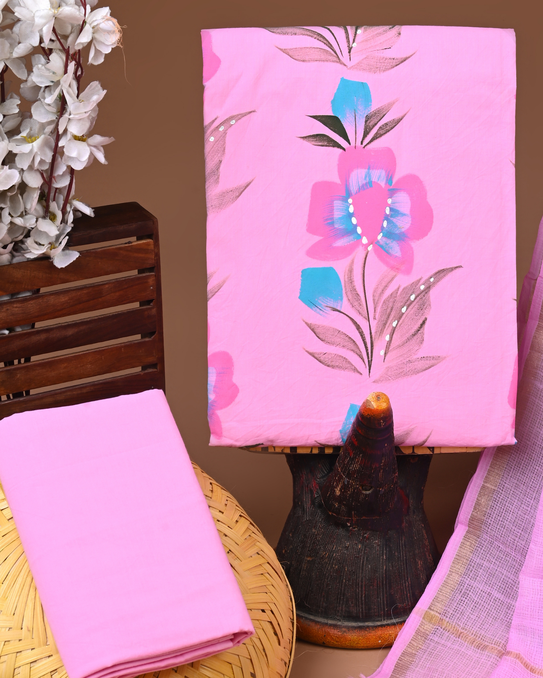 PINK- BAGRU HAND BLOCK PRINTED COTTON SUIT SET WITH KOTA DUPATTA 02