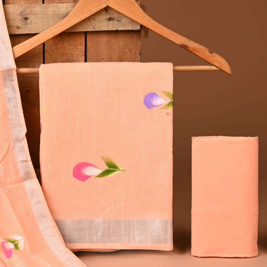 ORANGE - BAGRU HAND BLOCK PRINTED LINEN COTTON SUIT SET WITH ZARI BORDER 17