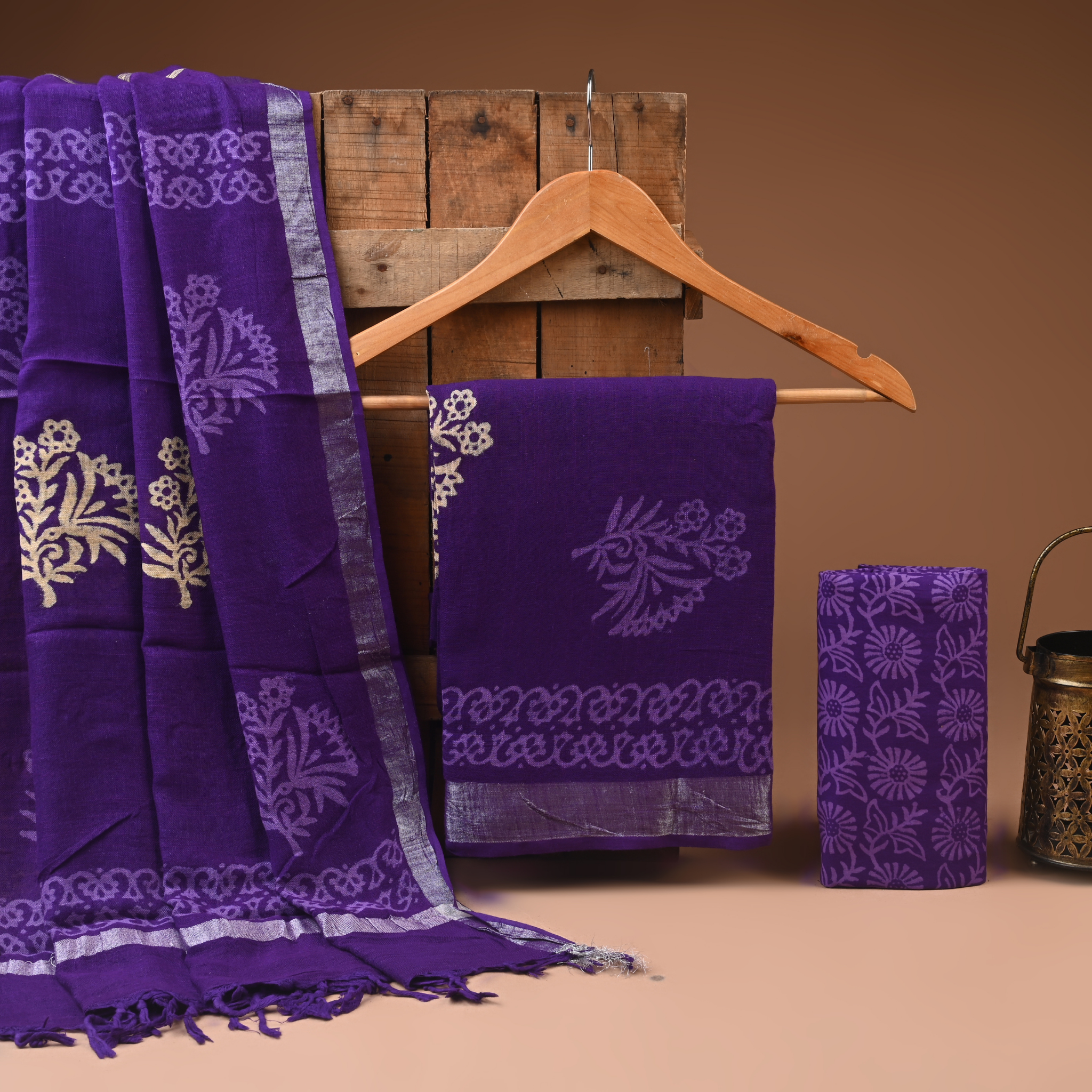 PURPLE- BAGRU HAND BLOCK PRINTED LINEN COTTON SUIT SET WITH ZARI BORDER 44