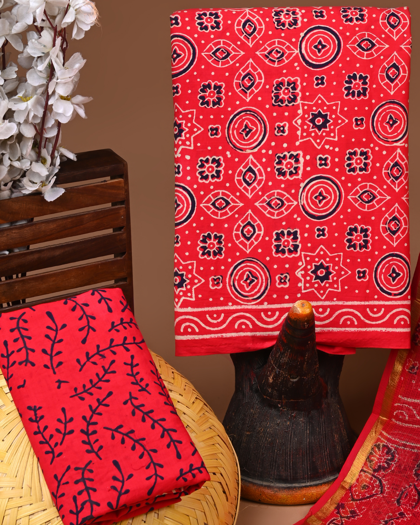 RED- BAGRU HAND BLOCK PRINTED COTTON SUIT SET WITH KOTA DUPATTA 31
