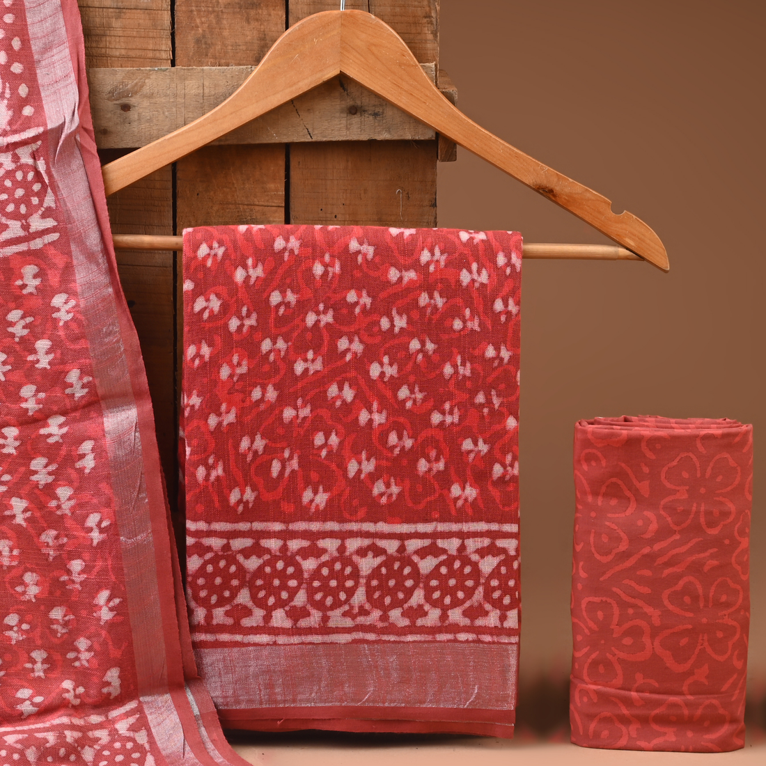 RED- BAGRU HAND BLOCK PRINTED LINEN COTTON SUIT SET WITH ZARI BORDER 33