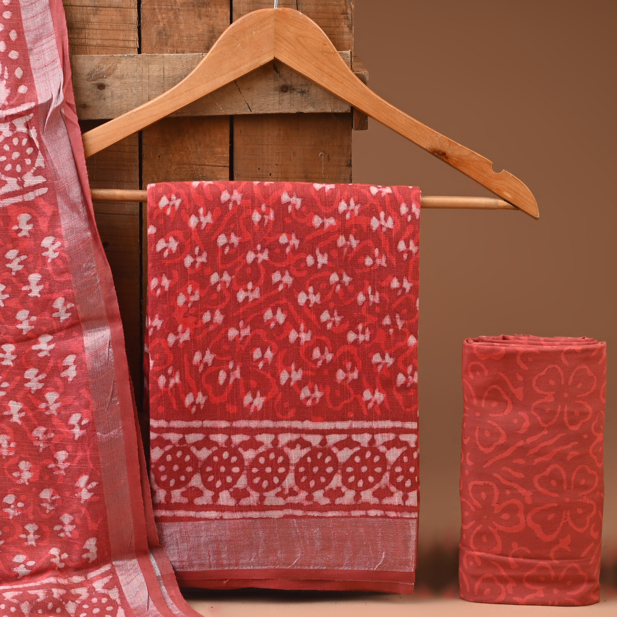 RED- BAGRU HAND BLOCK PRINTED LINEN COTTON SUIT SET WITH ZARI BORDER 33