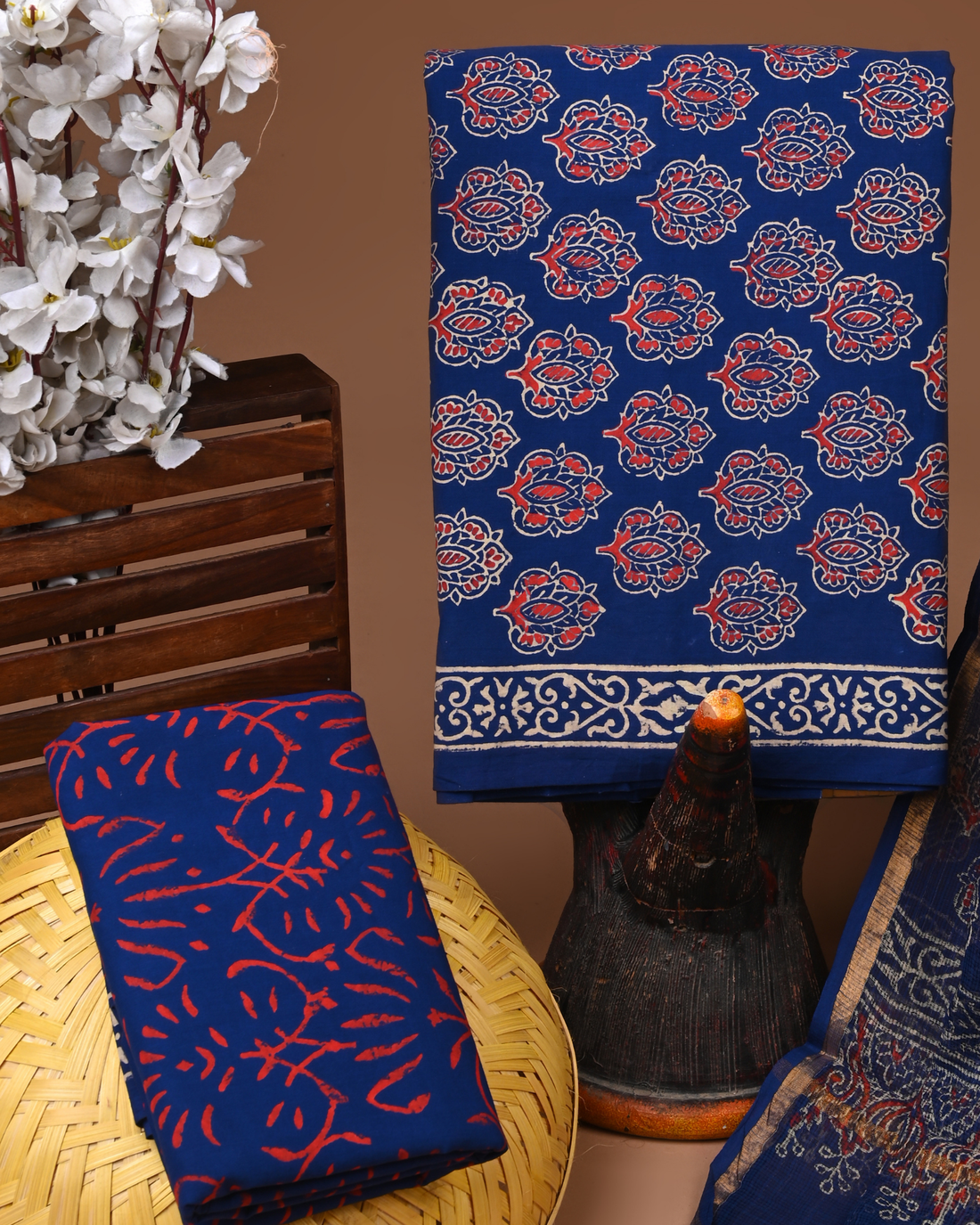 BLUE- BAGRU HAND BLOCK PRINTED COTTON SUIT SET WITH KOTA DUPATTA 19