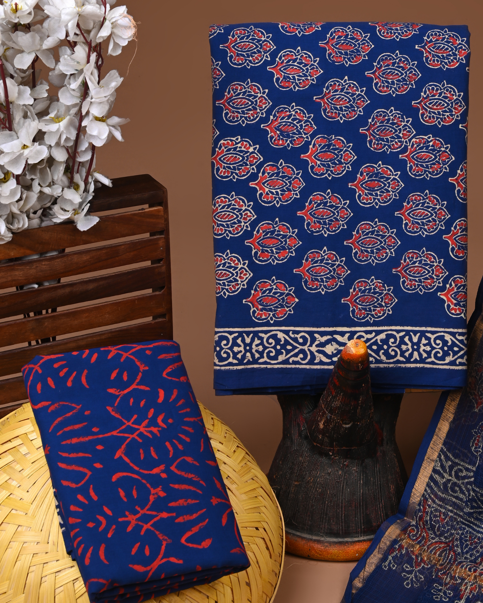 BLUE- BAGRU HAND BLOCK PRINTED COTTON SUIT SET WITH KOTA DUPATTA 19