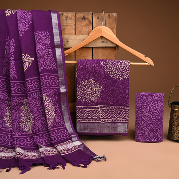 PURPLE- BAGRU HAND BLOCK PRINTED LINEN COTTON SUIT SET WITH ZARI BORDER 18