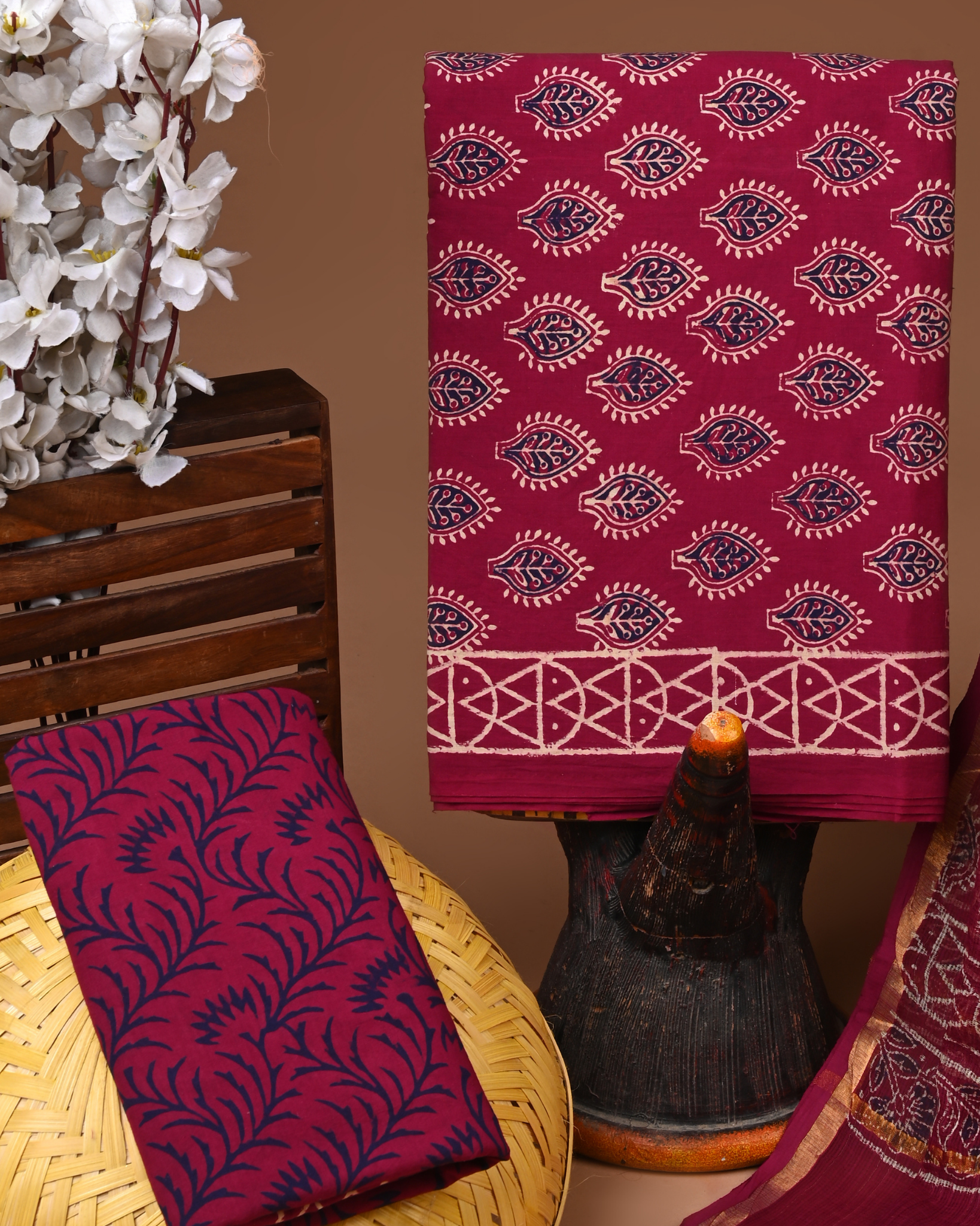 BROWN- BAGRU HAND BLOCK PRINTED COTTON SUIT SET WITH KOTA DUPATTA 12