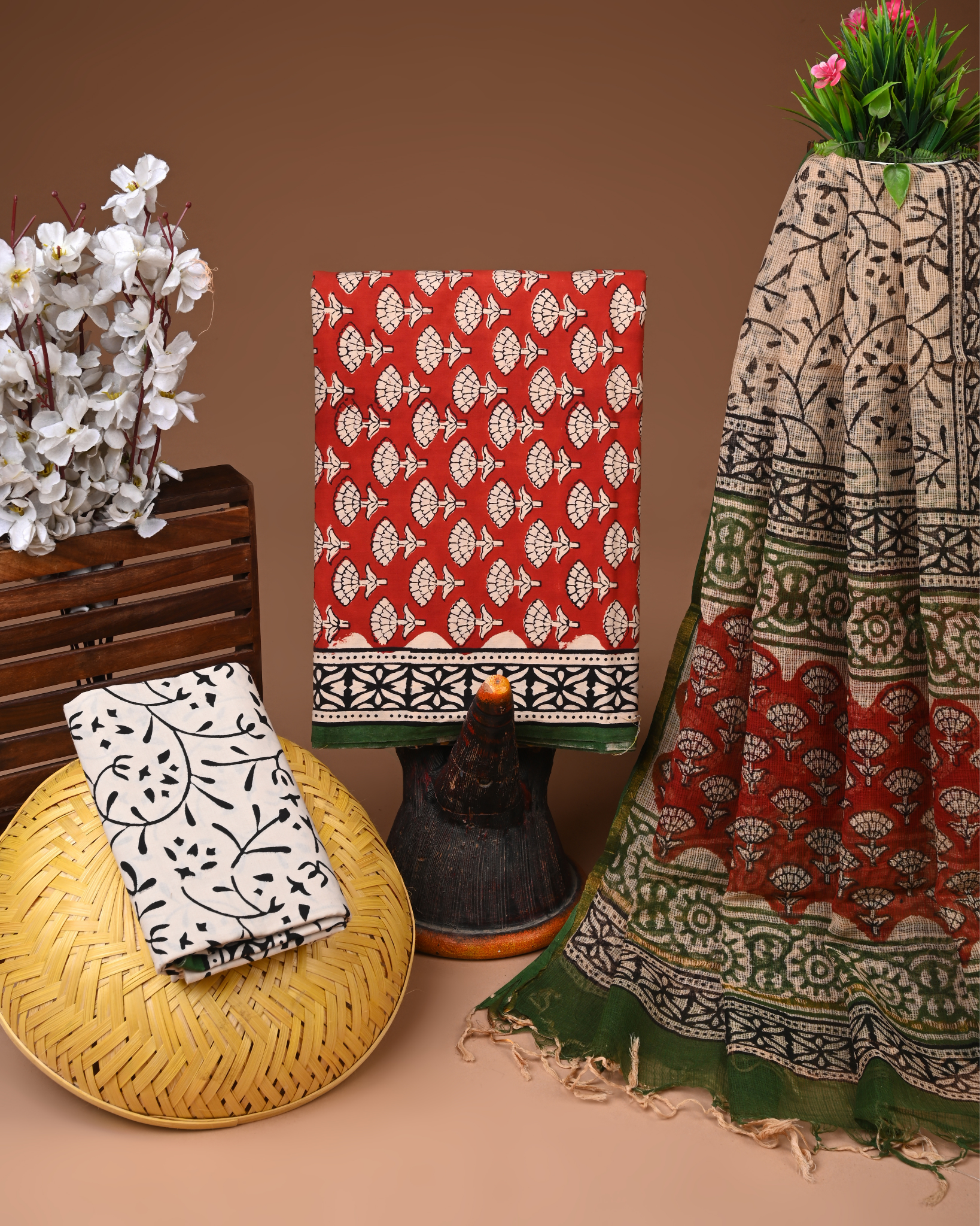 RED- BAGRU HAND BLOCK PRINTED COTTON SUIT SET WITH KOTA DUPATTA 28