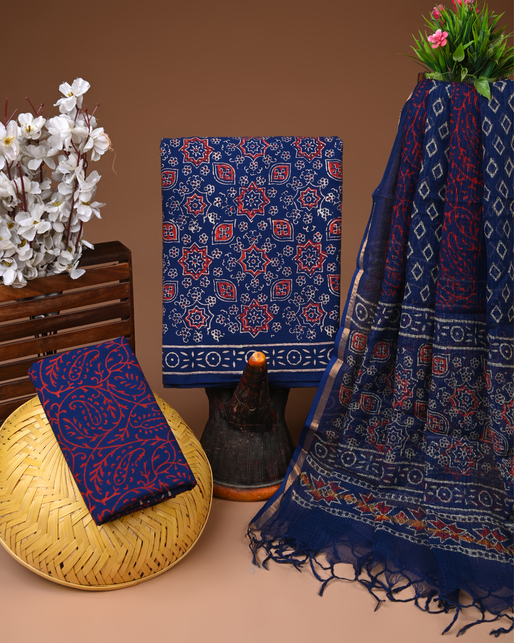 BLUE- BAGRU HAND BLOCK PRINTED COTTON SUIT SET WITH KOTA DUPATTA 13