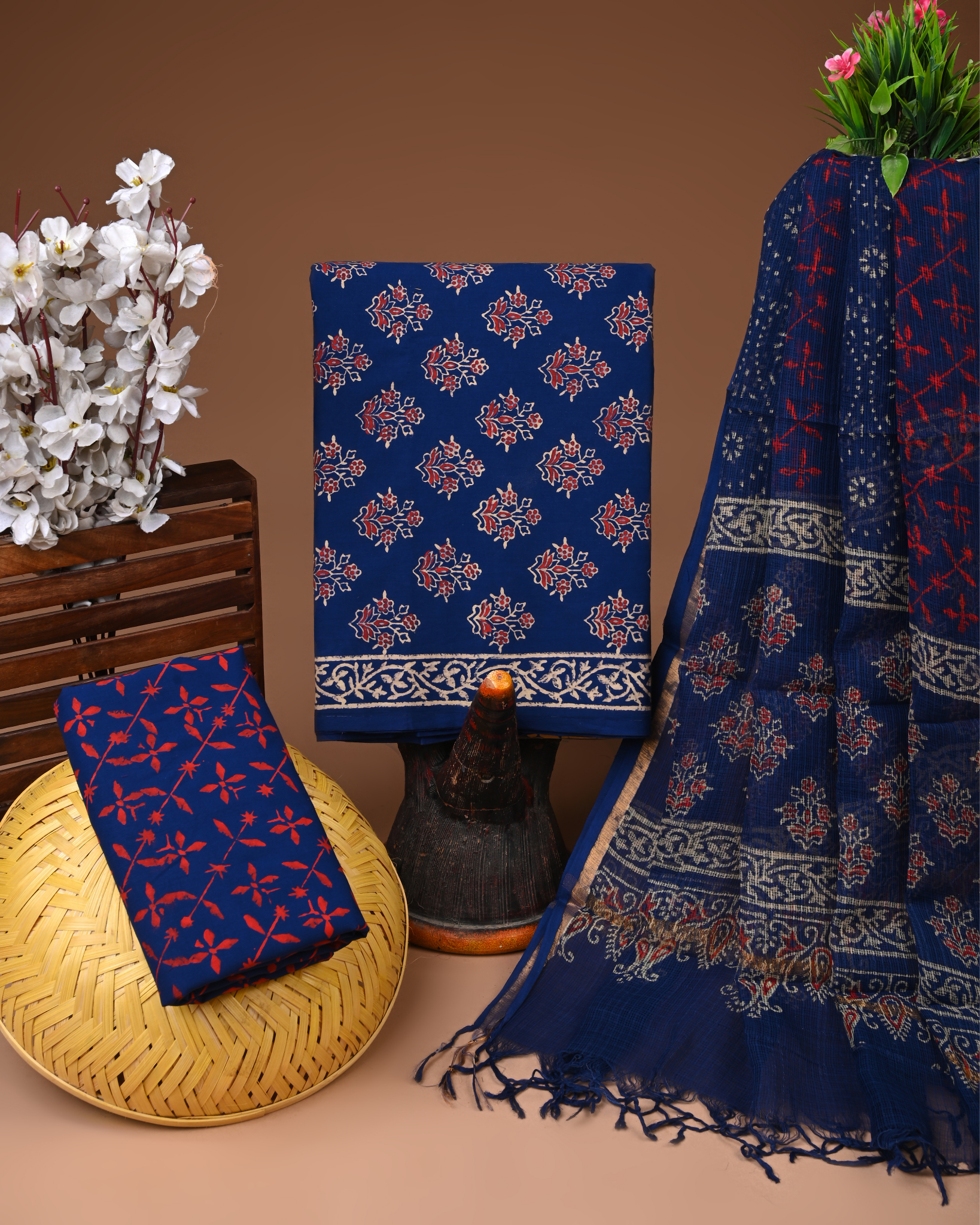 BLUE- BAGRU HAND BLOCK PRINTED COTTON SUIT SET WITH KOTA DUPATTA 30