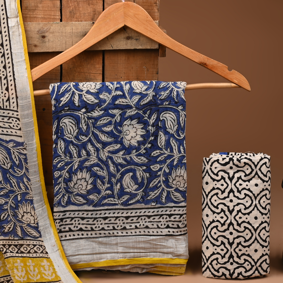 YELLOW- BAGRU HAND BLOCK PRINTED LINEN COTTON SUIT SET WITH ZARI BORDER 45