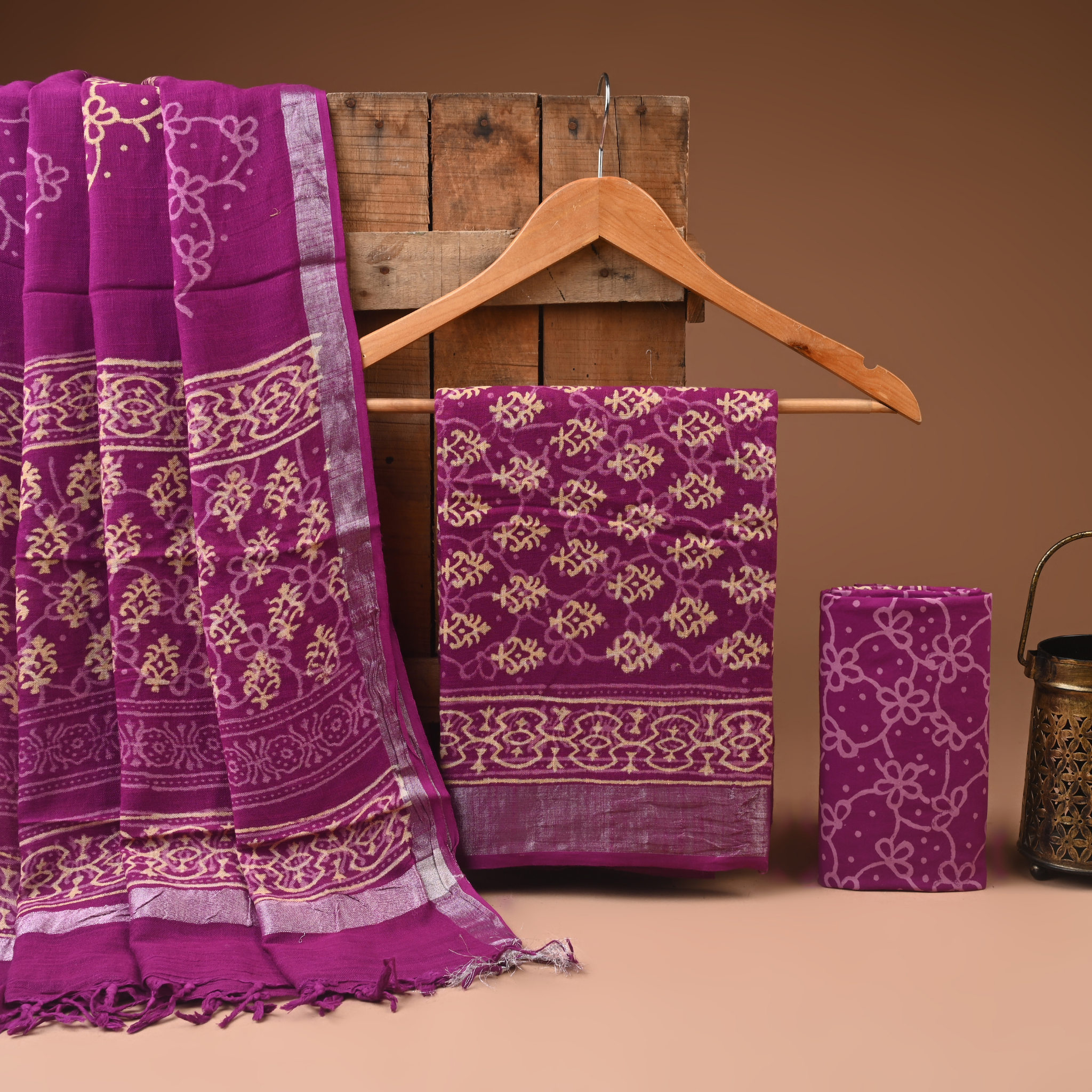 PURPLE- BAGRU HAND BLOCK PRINTED LINEN COTTON SUIT SET WITH ZARI BORDER 31