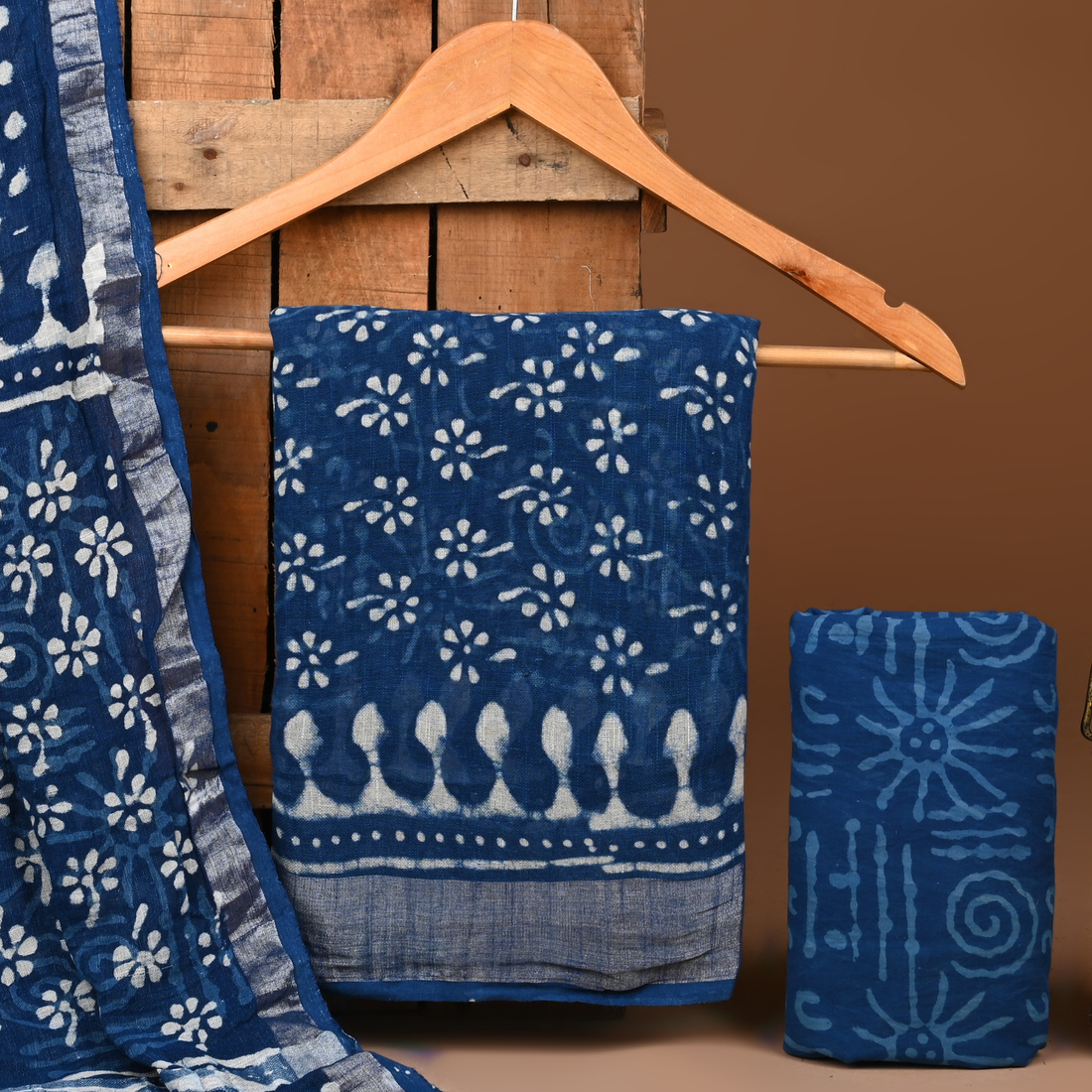 BLUE- BAGRU HAND BLOCK PRINTED LINEN COTTON SUIT SET WITH ZARI BORDER 14