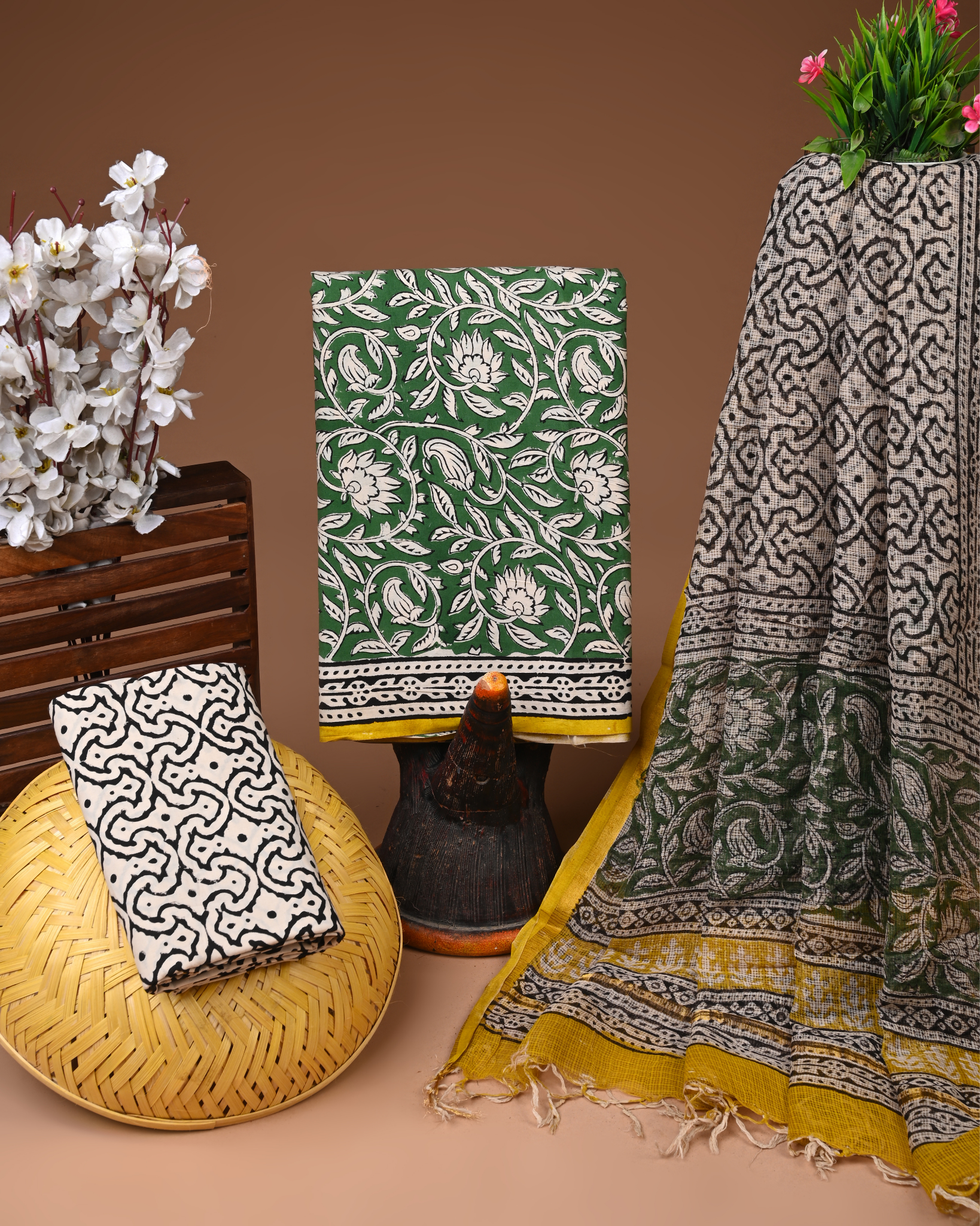 GREEN- BAGRU HAND BLOCK PRINTED COTTON SUIT SET WITH KOTA DUPATTA 20