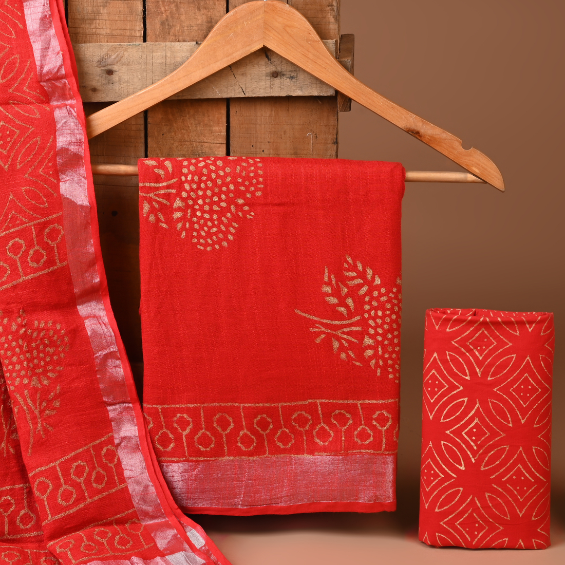 RED- BAGRU HAND BLOCK PRINTED LINEN COTTON SUIT SET WITH ZARI BORDER 30