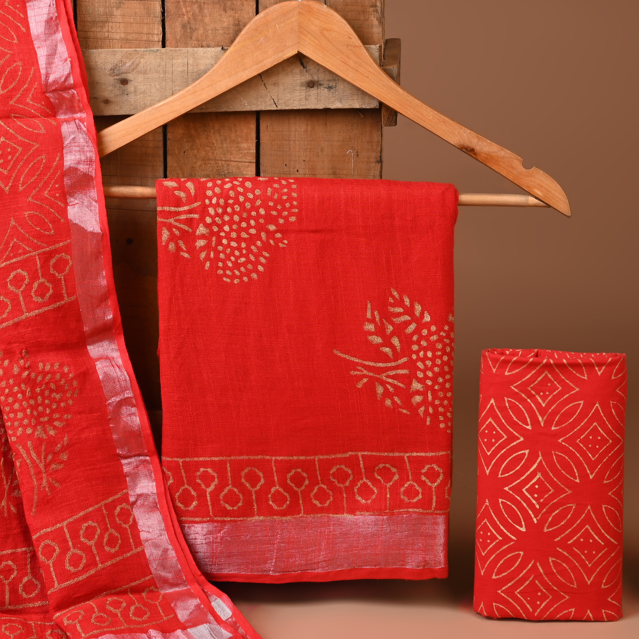 RED- BAGRU HAND BLOCK PRINTED LINEN COTTON SUIT SET WITH ZARI BORDER 30