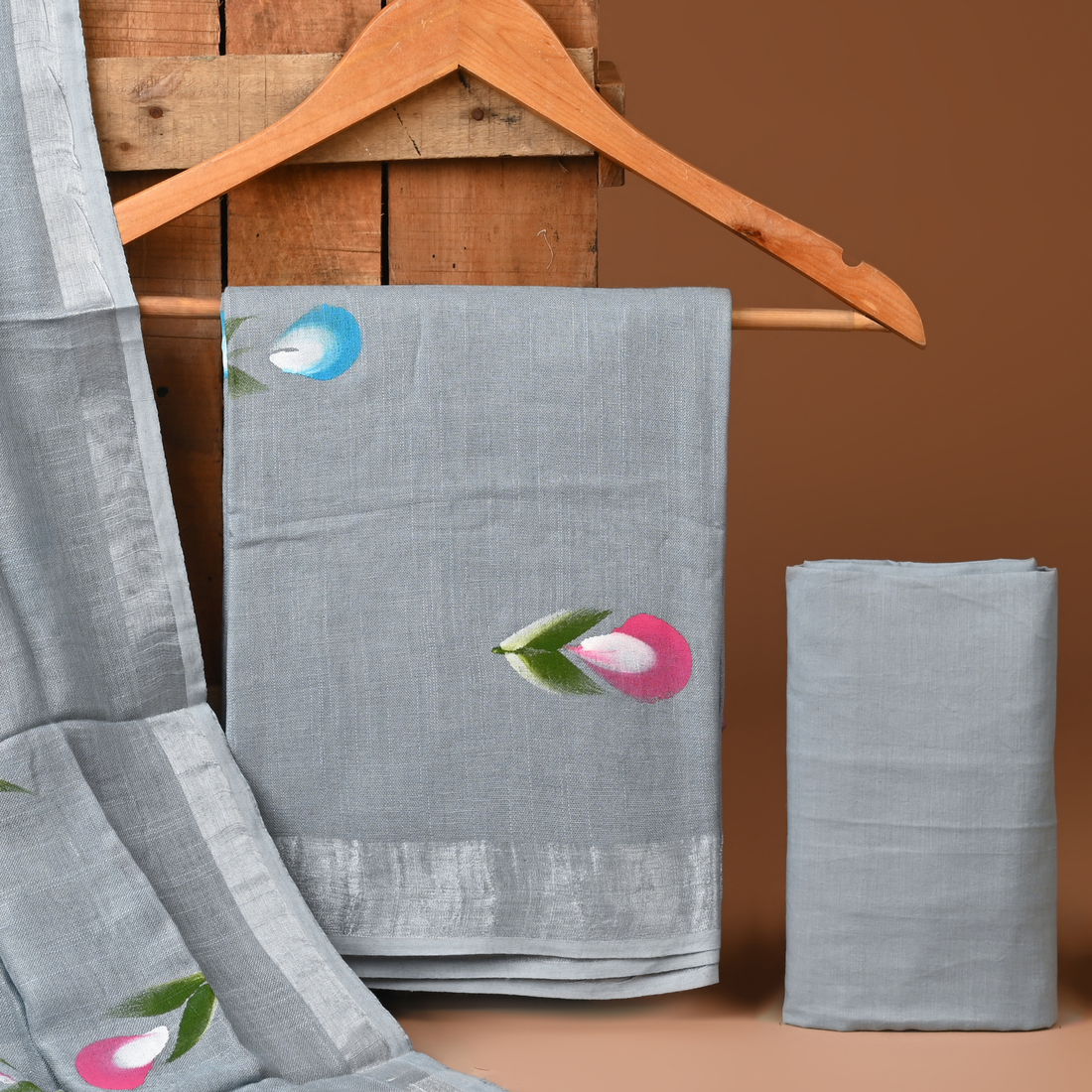 GRAY - BAGRU HAND BLOCK PRINTED LINEN COTTON SUIT SET WITH ZARI BORDER 54