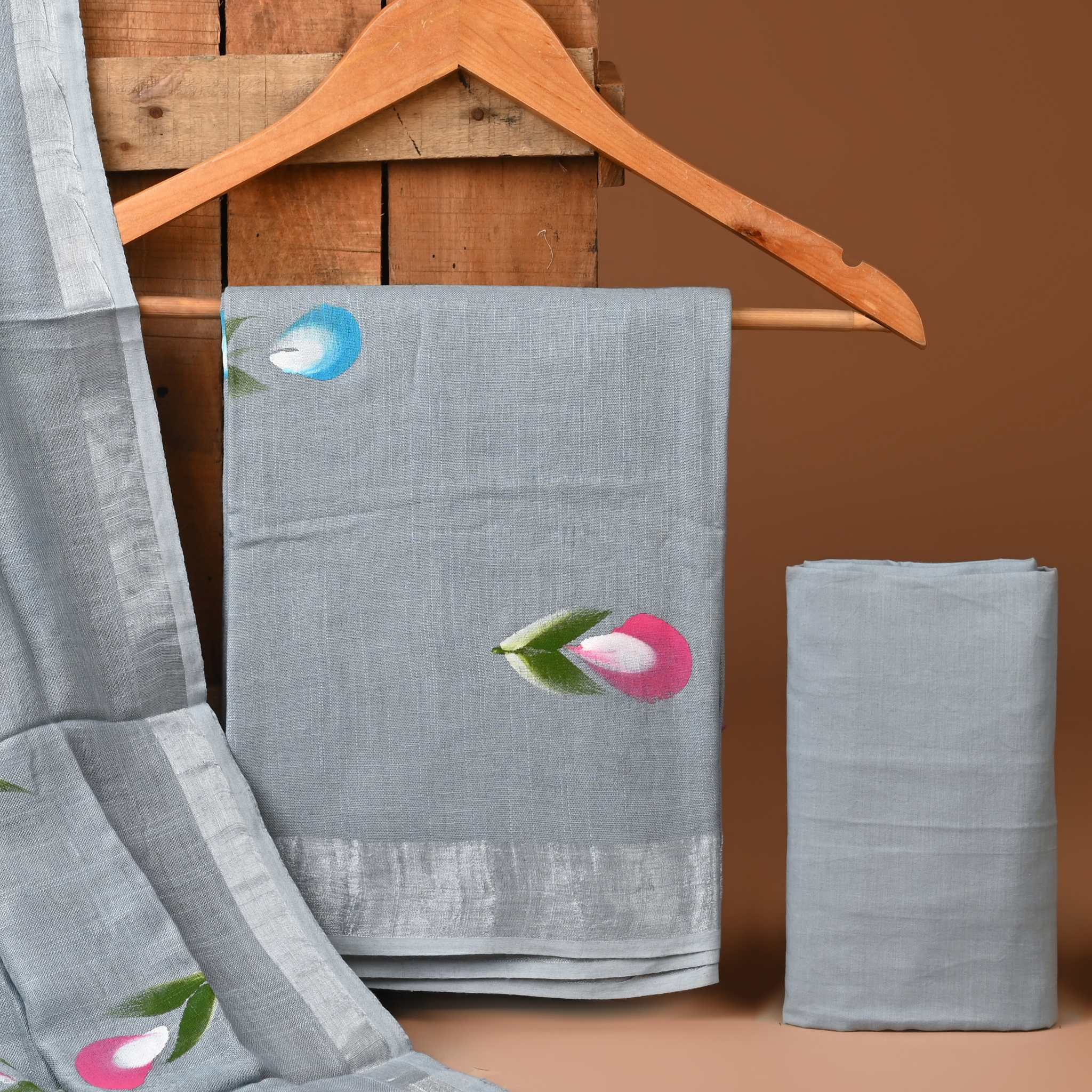 GRAY - BAGRU HAND BLOCK PRINTED LINEN COTTON SUIT SET WITH ZARI BORDER 54