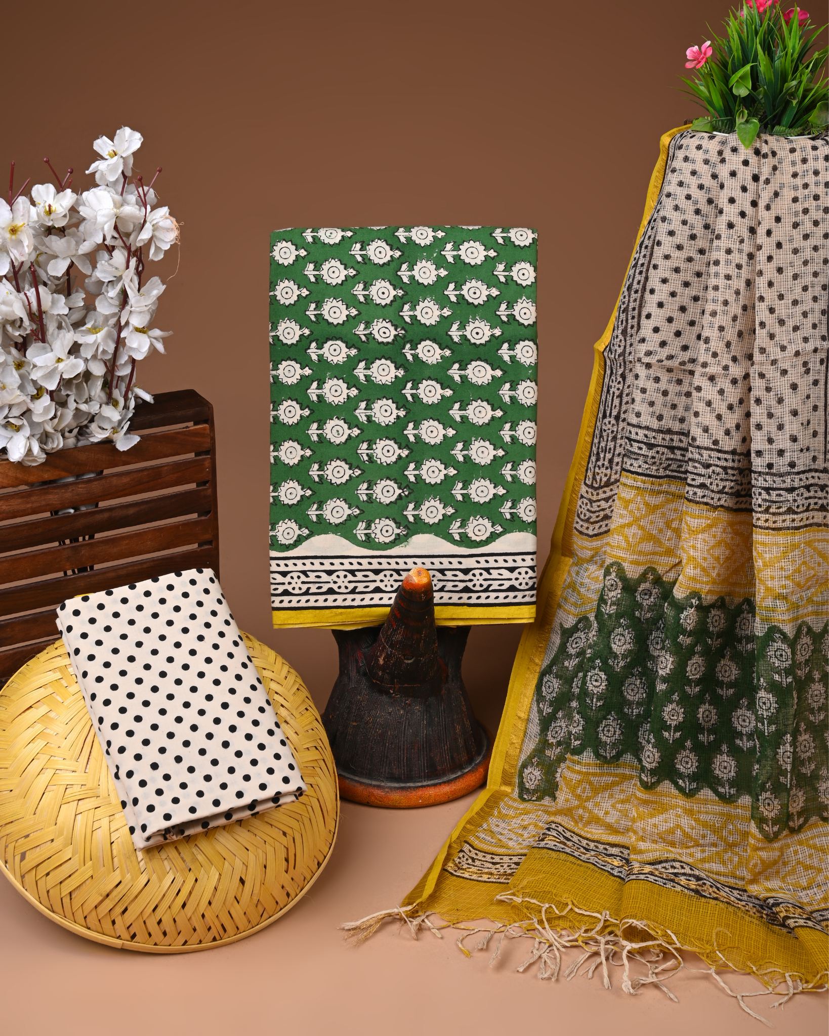 GREEN- BAGRU HAND BLOCK PRINTED COTTON SUIT SET WITH KOTA DUPATTA 09