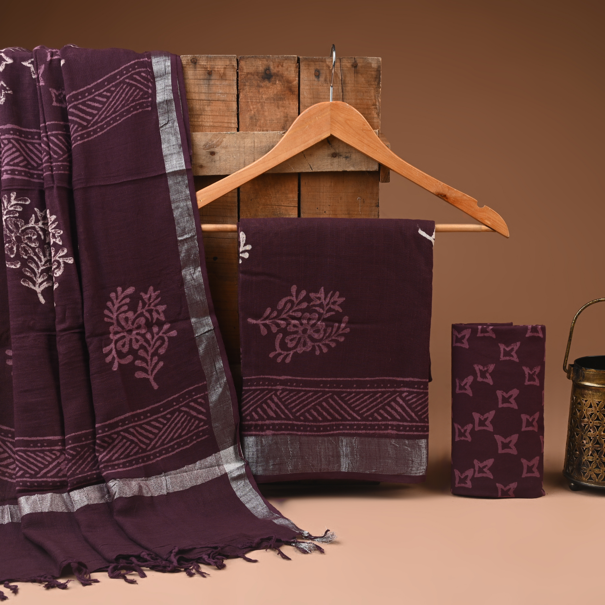 BROWN- BAGRU HAND BLOCK PRINTED LINEN COTTON SUIT SET WITH ZARI BORDER 38