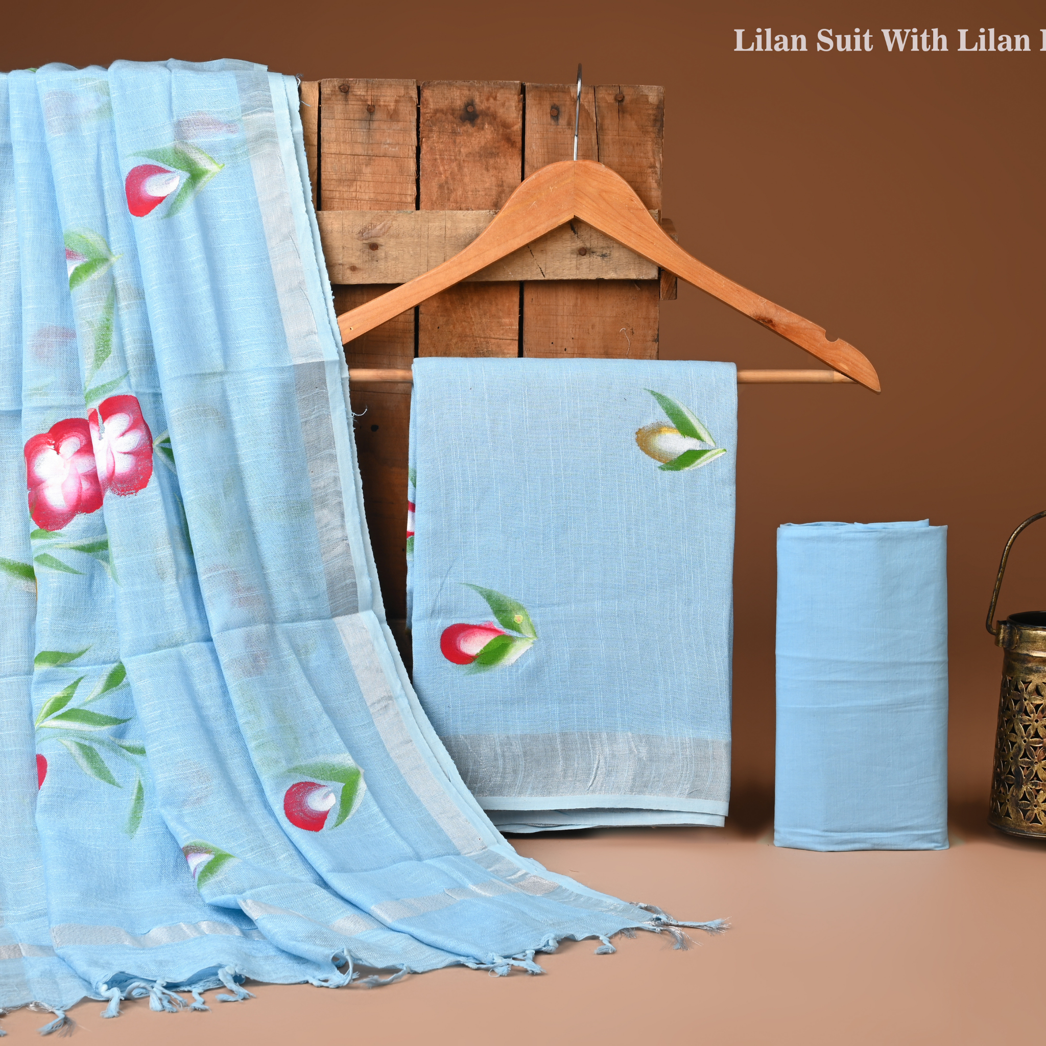 SKYBLUE- BAGRU HAND BLOCK PRINTED LINEN COTTON SUIT SET WITH ZARI BORDER 32