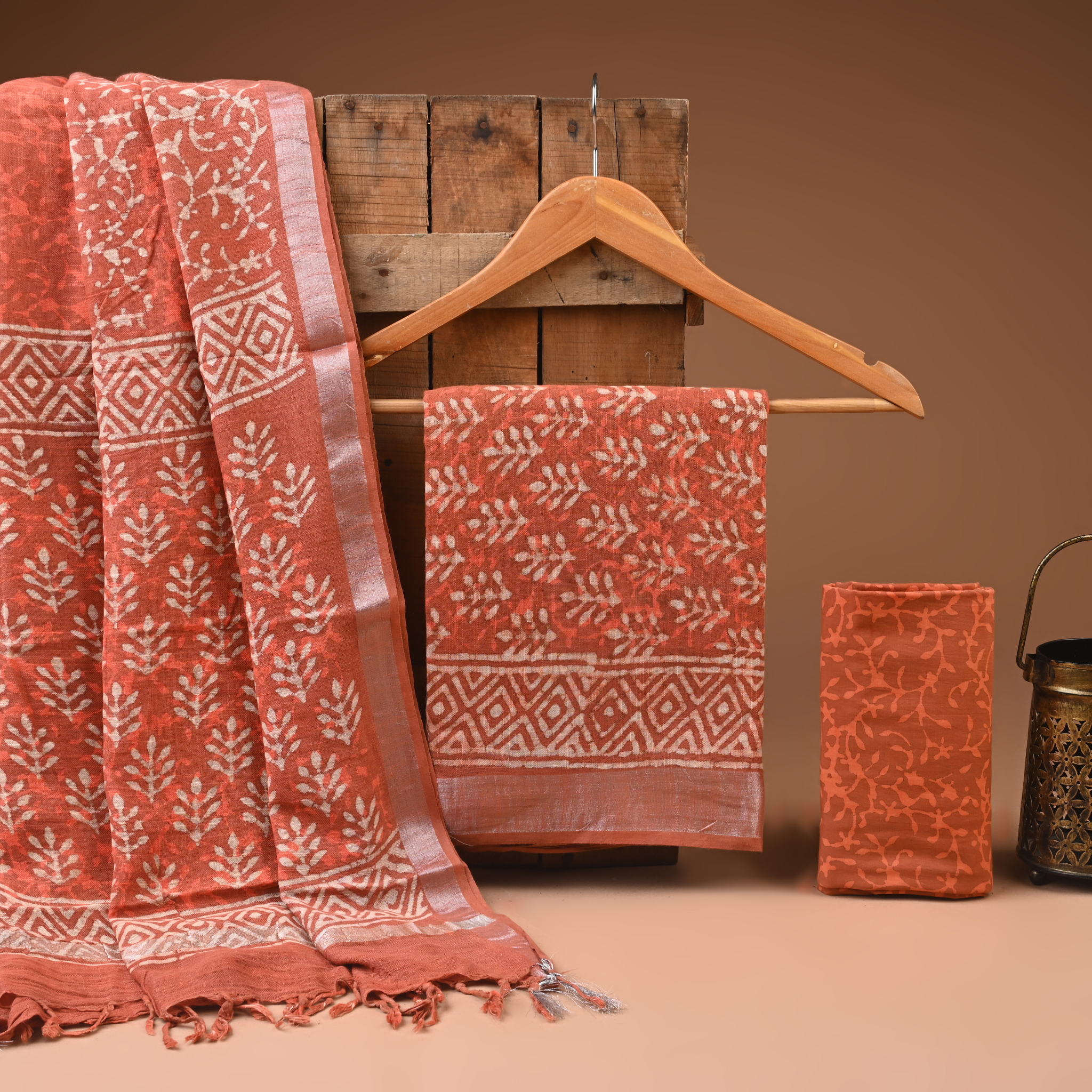 ORANGE - BAGRU HAND BLOCK PRINTED LINEN COTTON SUIT SET WITH ZARI BORDER 16