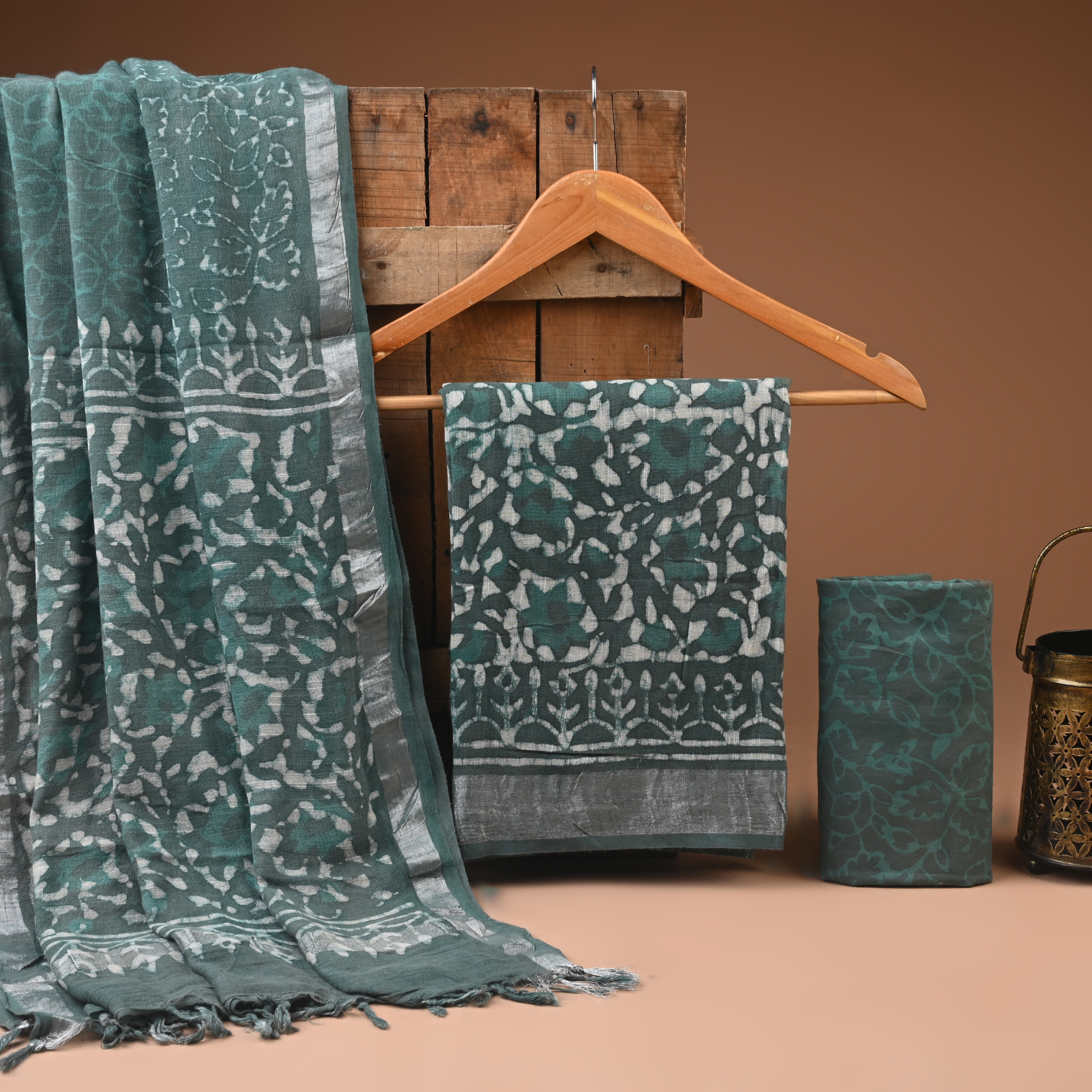 PISTA GREEN- BAGRU HAND BLOCK PRINTED LINEN COTTON SUIT SET WITH ZARI BORDER 47