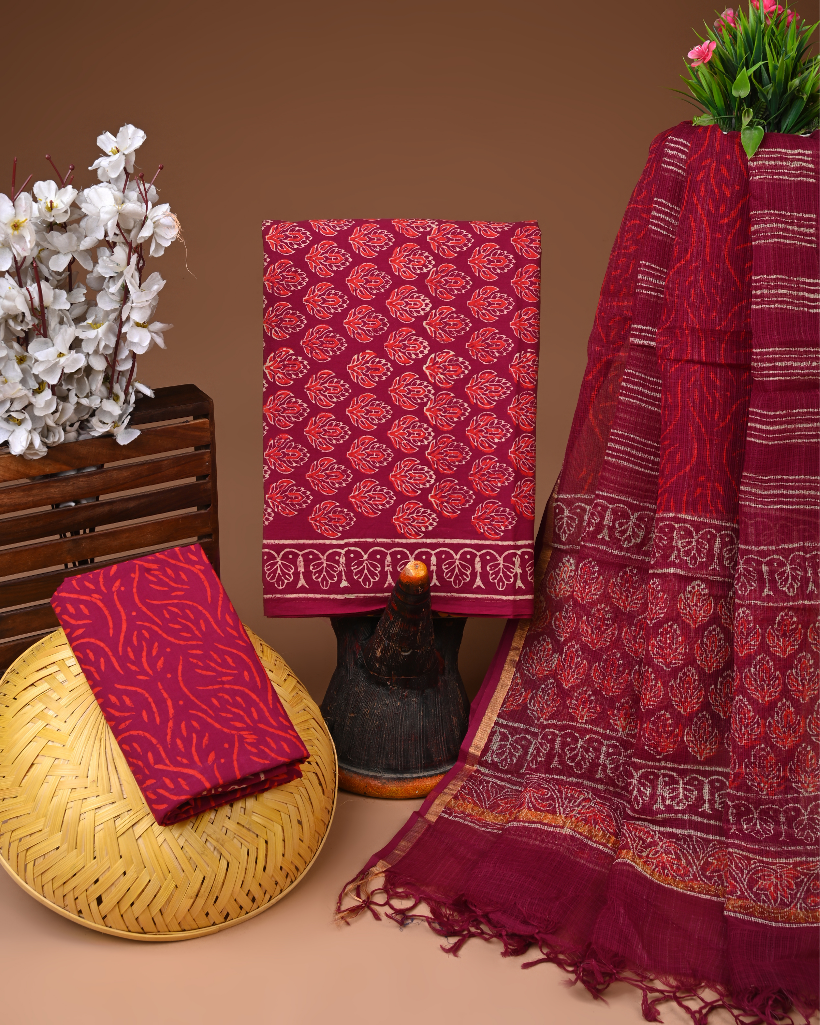 RED- BAGRU HAND BLOCK PRINTED COTTON SUIT SET WITH KOTA DUPATTA 21
