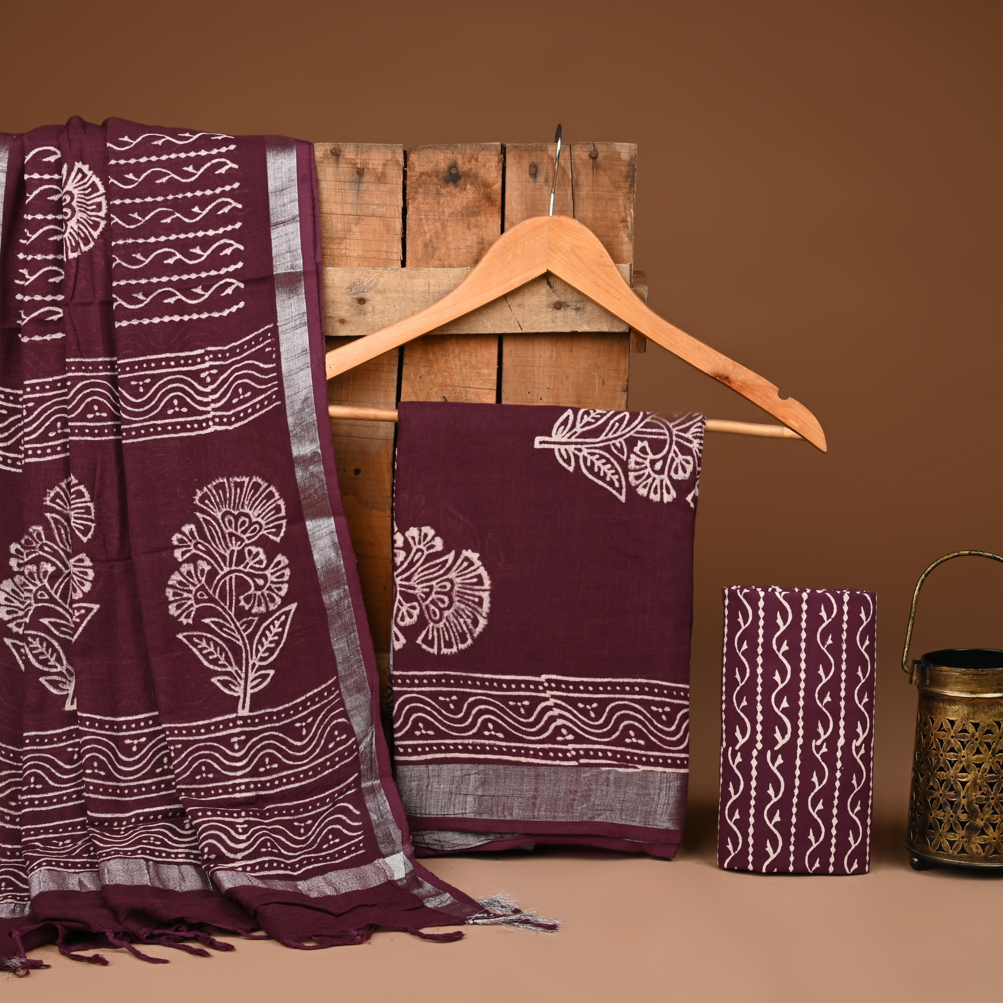 BROWN- BAGRU HAND BLOCK PRINTED LINEN COTTON SUIT SET WITH ZARI BORDER 13