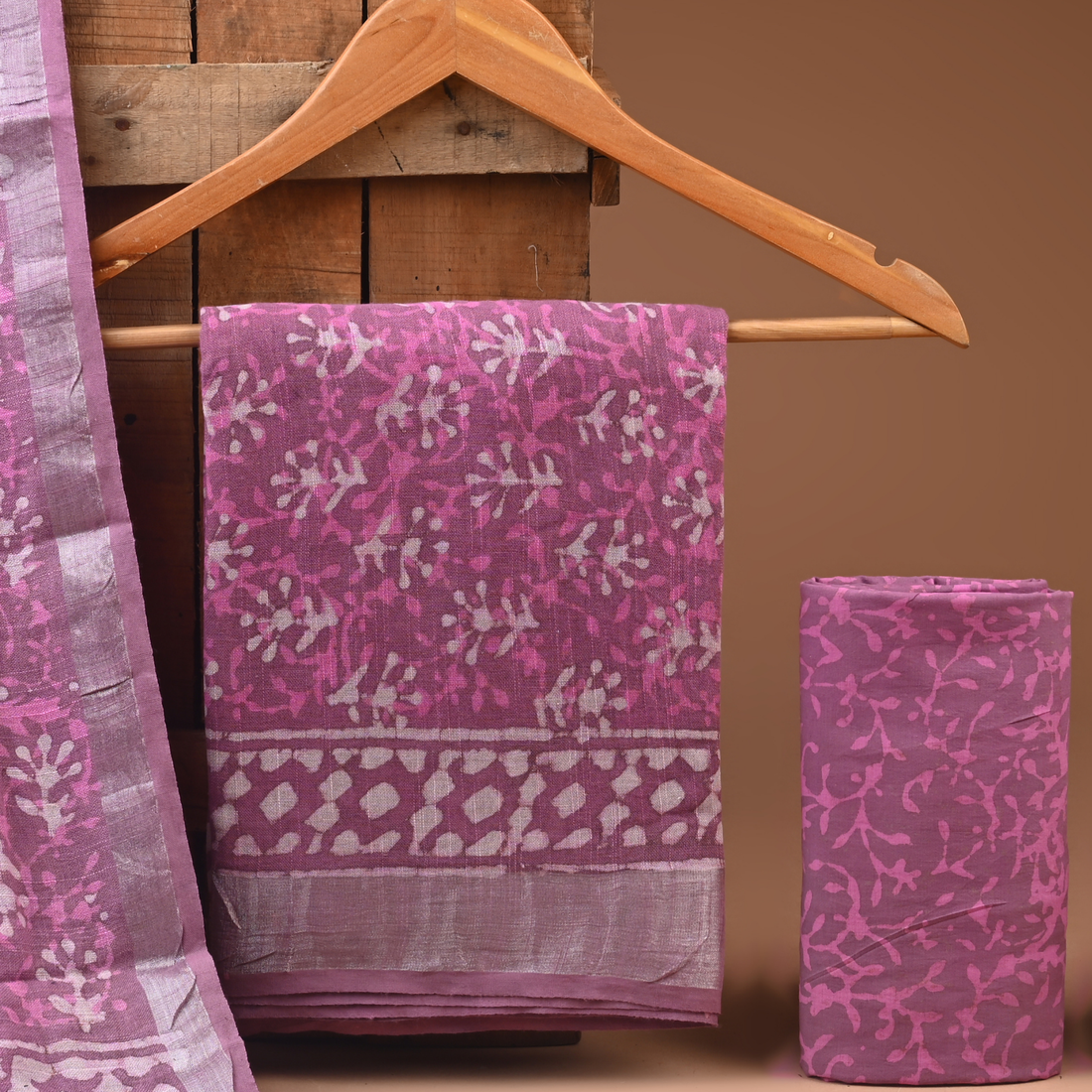 PINK - BAGRU HAND BLOCK PRINTED LINEN COTTON SUIT SET WITH ZARI BORDER 20