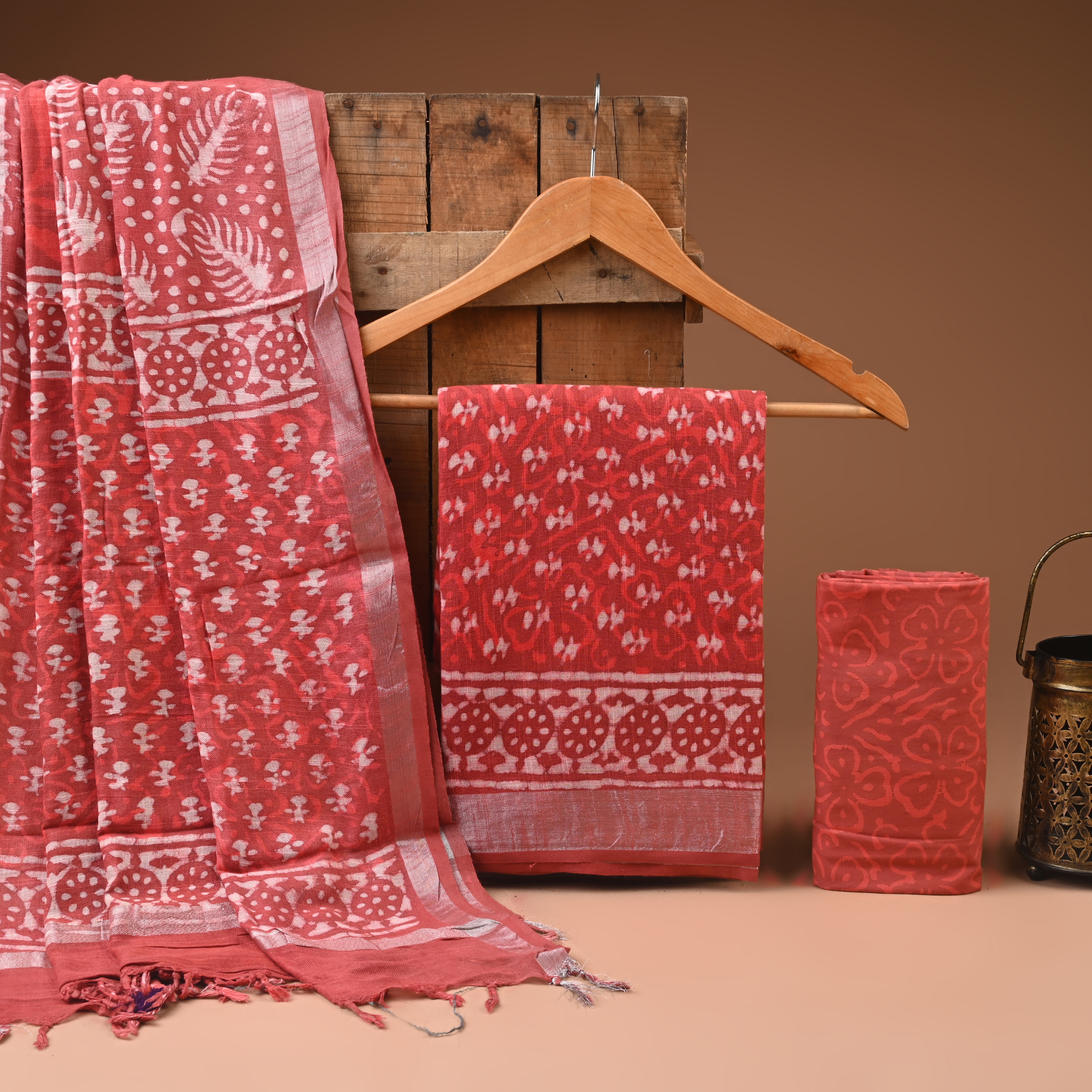 RED- BAGRU HAND BLOCK PRINTED LINEN COTTON SUIT SET WITH ZARI BORDER 33
