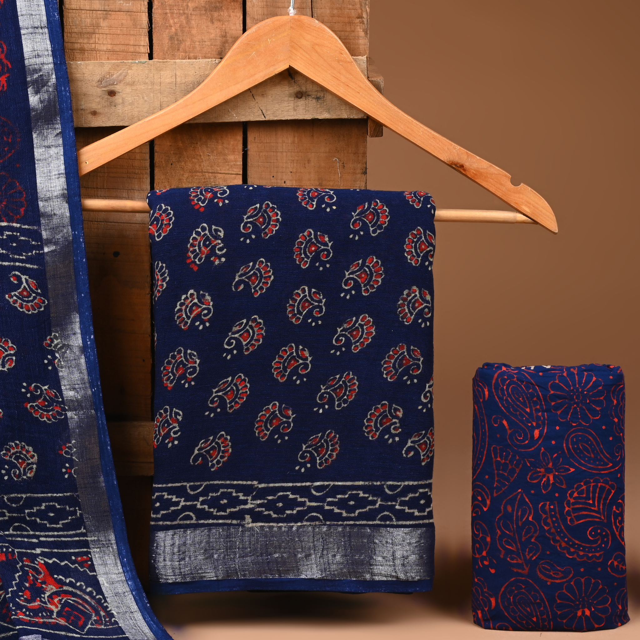 BLUE - BAGRU HAND BLOCK PRINTED LINEN COTTON SUIT SET WITH ZARI BORDER 01