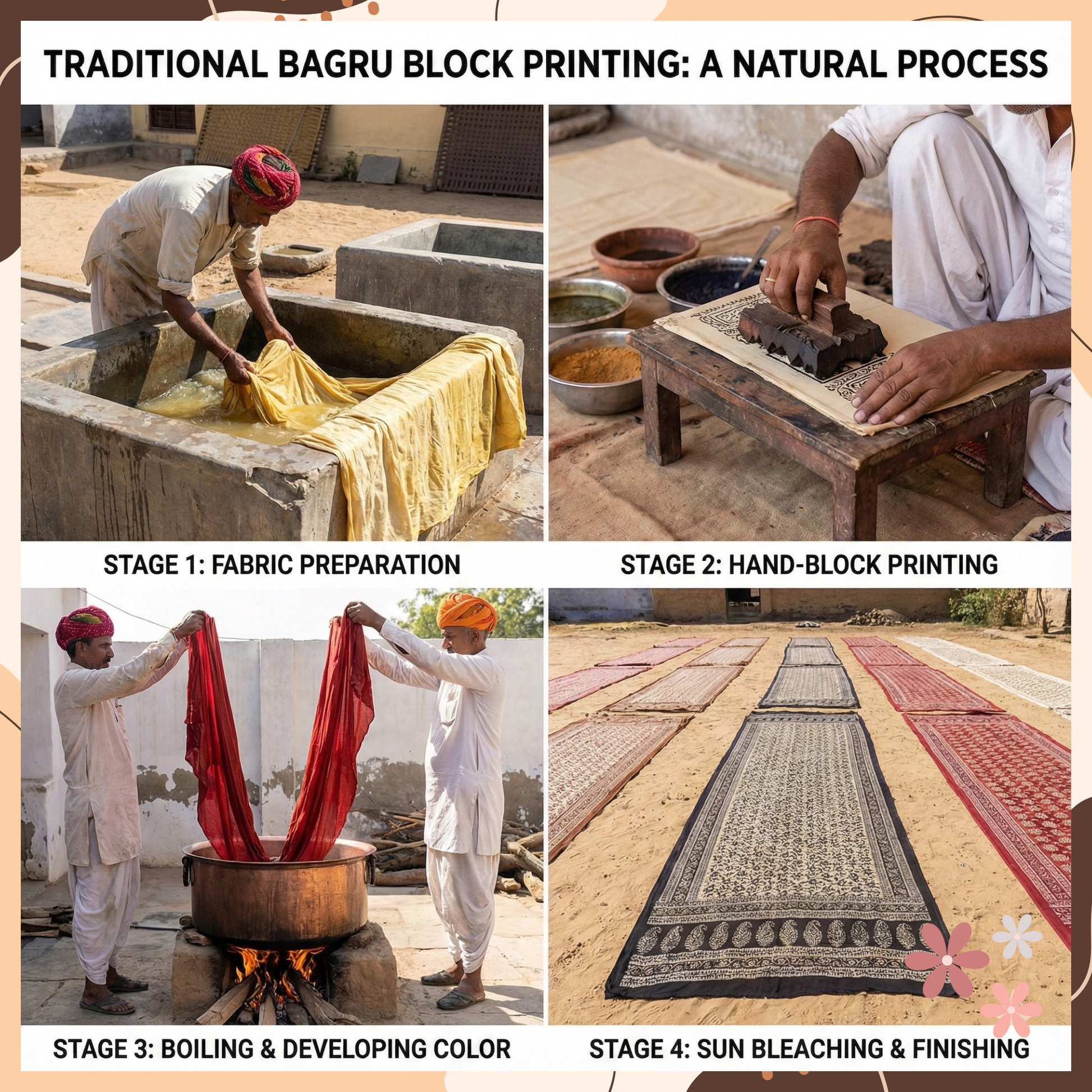 Traditional Bagru block printing process with stages labeled and images of fabric preparation, hand-block printing, boiling, and sun bleaching.