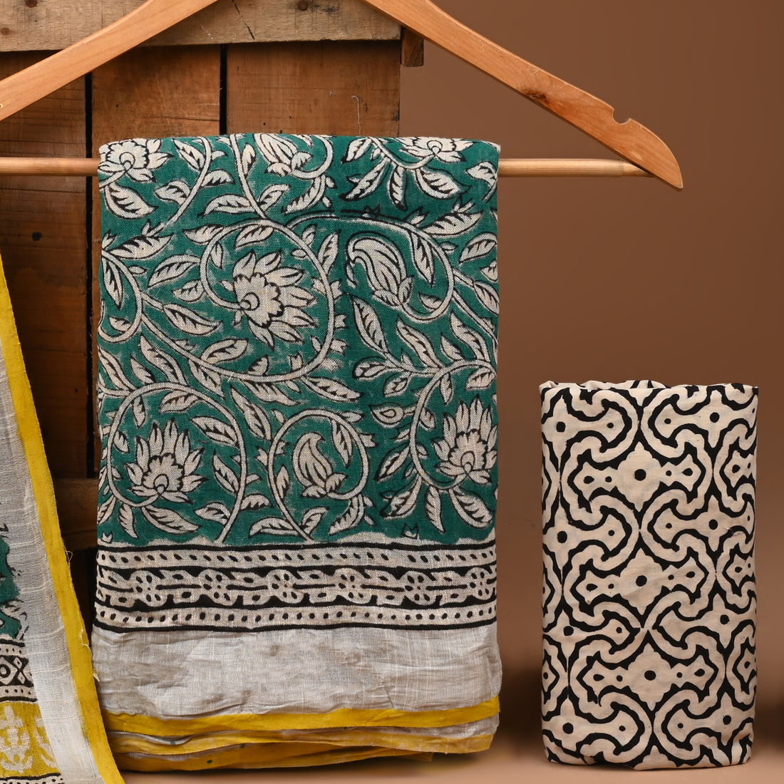 LEMON- BAGRU HAND BLOCK PRINTED LINEN COTTON SUIT SET WITH ZARI BORDER 35