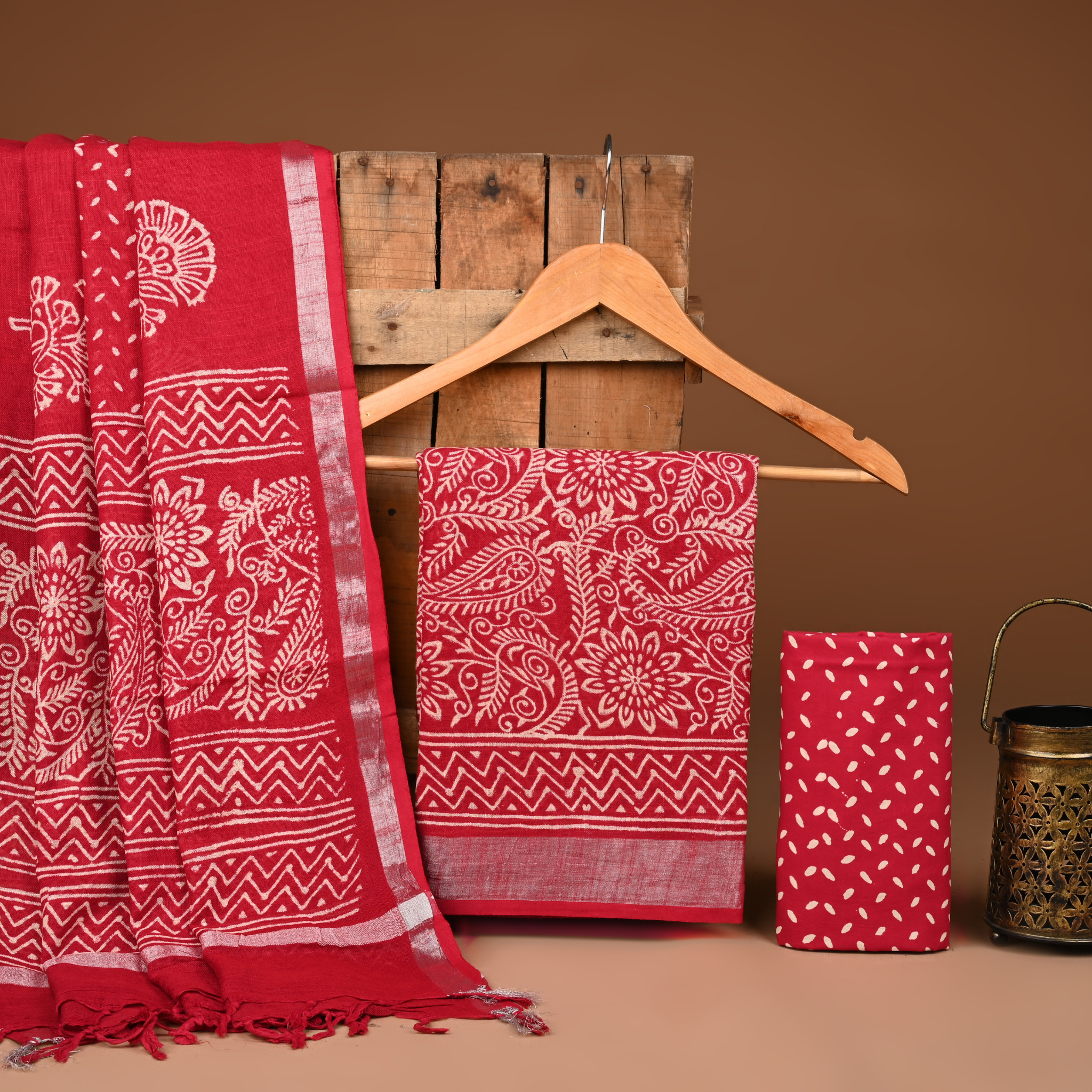 RED- BAGRU HAND BLOCK PRINTED LINEN COTTON SUIT SET WITH ZARI BORDER 11
